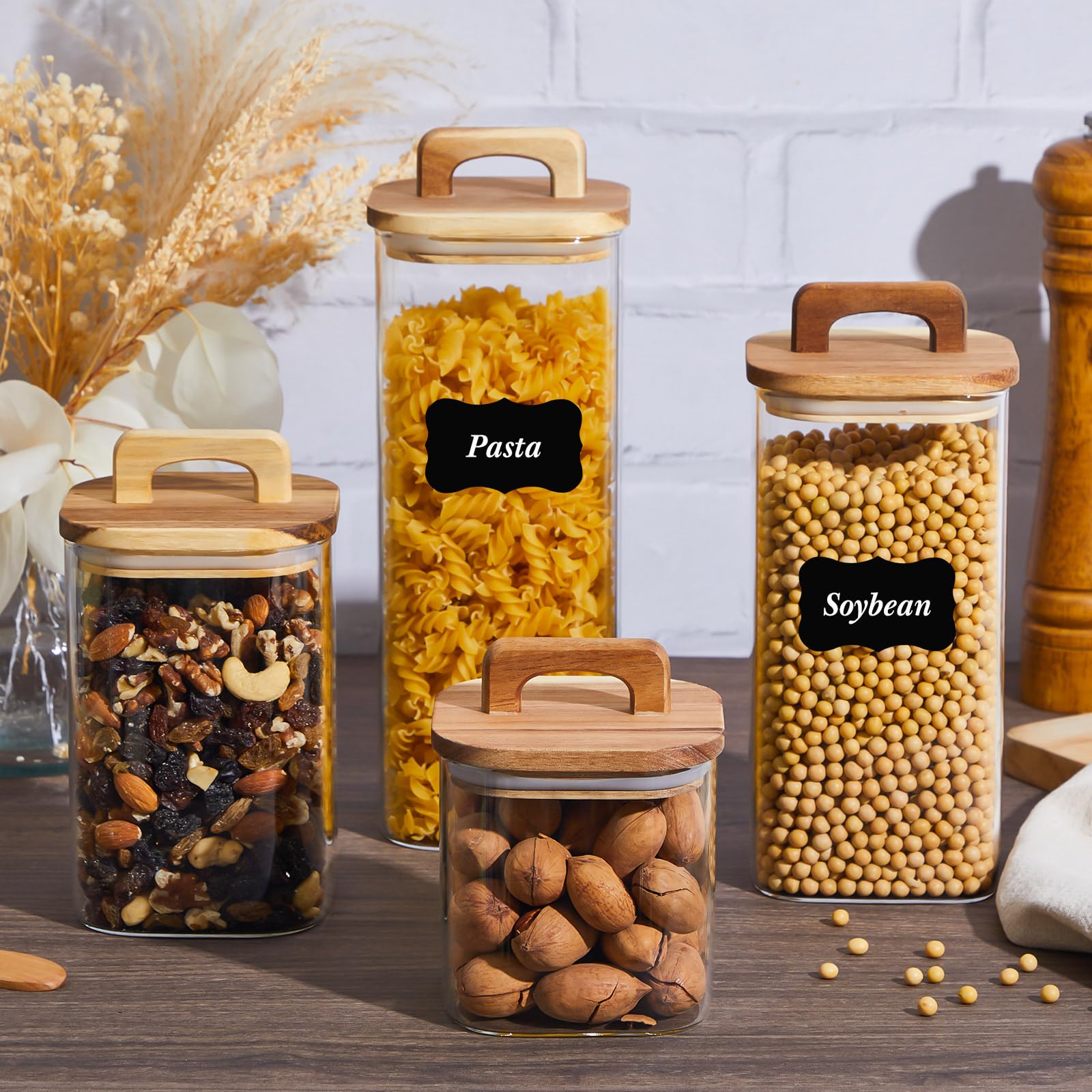 Vorratsdosen aus Glas mit luftdichtem Holzdeckel für Süßigkeiten, Kekse, Zucker, Mehl, Nüsse und Nudeln, 4 Stück mit Aufklebern und Marker