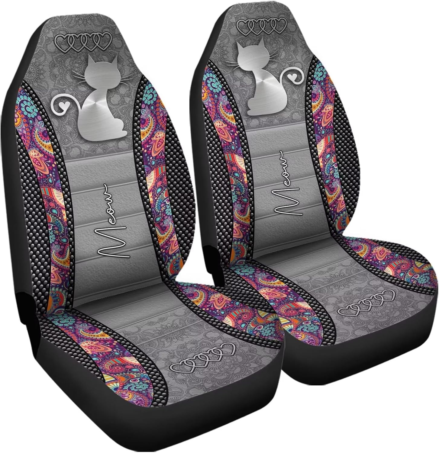Boho Floral & Cartoon Kitty Printed Car Seat Cover Only for Front, 2-Piece Waterproof Soft Vehicle Bucket Seat Protetors Fits for Car SUV Sedan Truck
