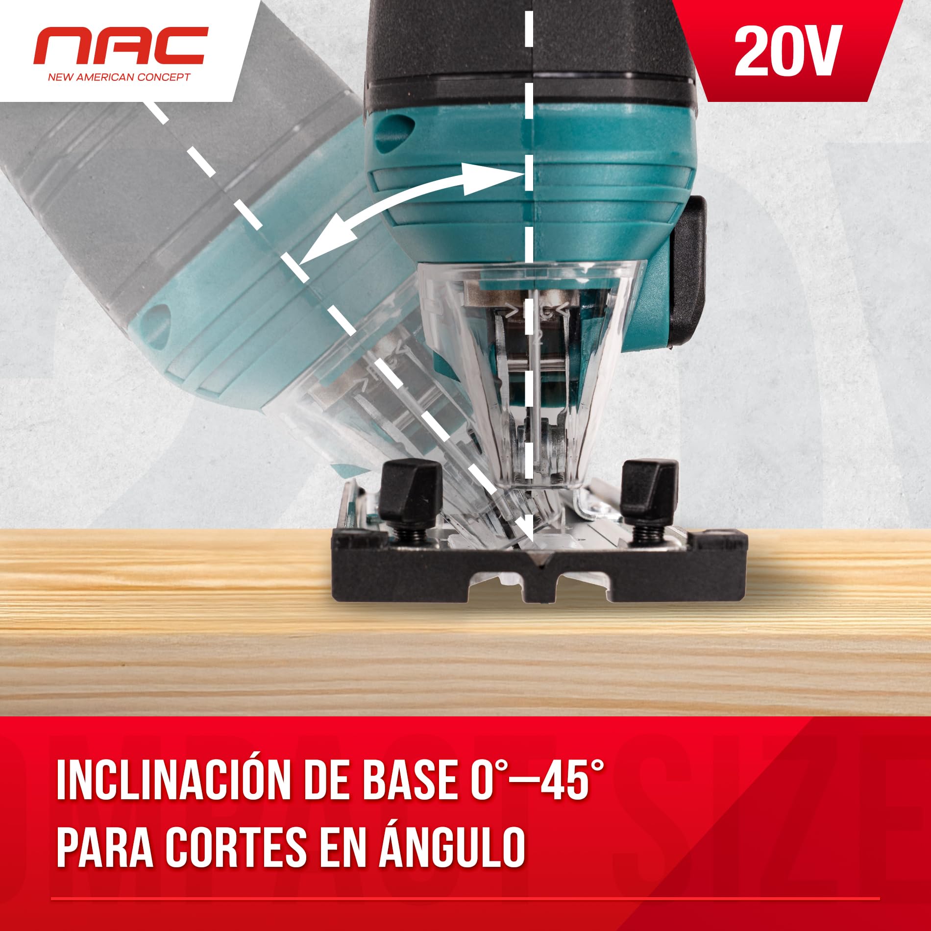 NAC Caladora Batería 20 V, Kit 2 Ah, Corte 80 mm | Sierra de calar, caladoras para madera, 0-2700 rpm, ángulo 0-45°, sistema T, guía lateral
