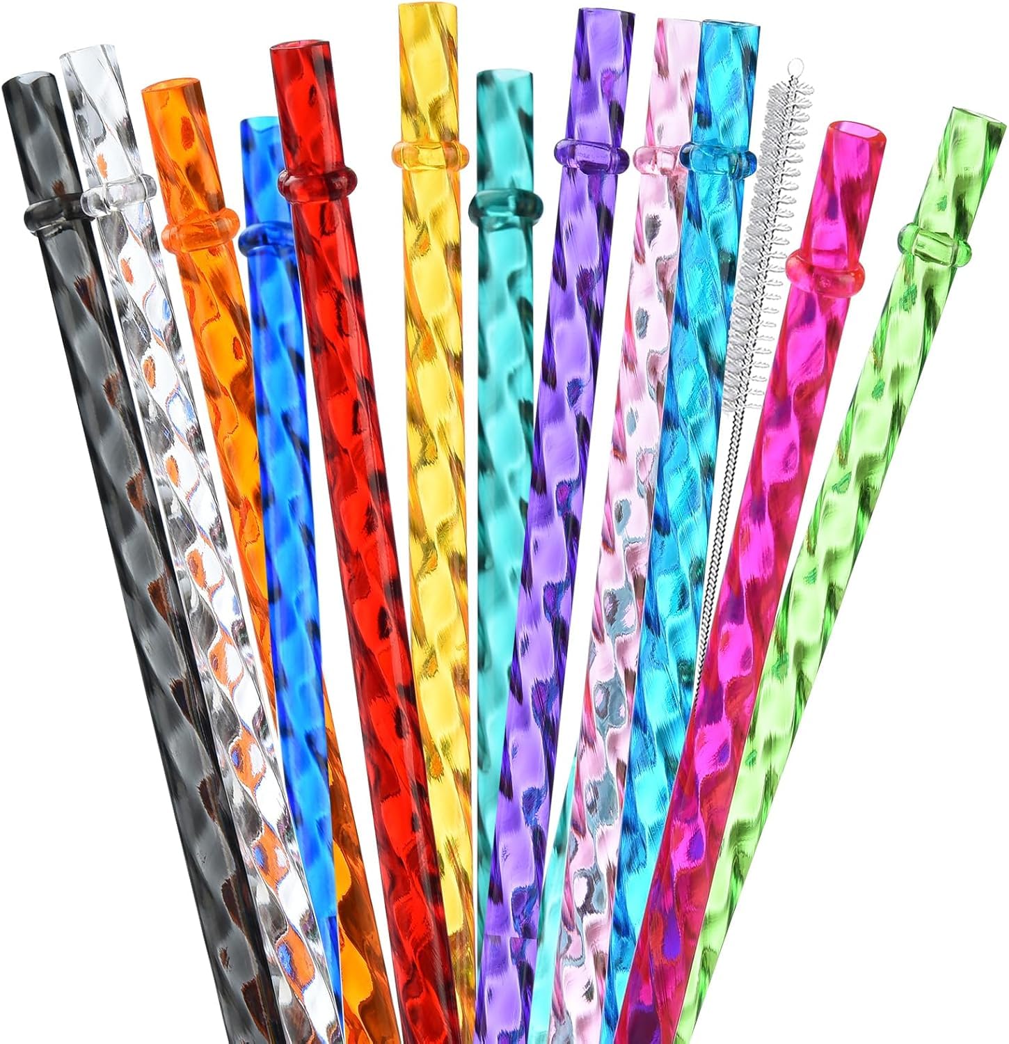 ALINK 12-Pack Reusable Plastic Clear Swirl Straws, 11" Long Colorful Hard Plastic Tumbler Replacement Straws for 16 OZ 20 OZ 30 OZ Stanley, YETI, Starbucks, Owala Tumblers with Brush