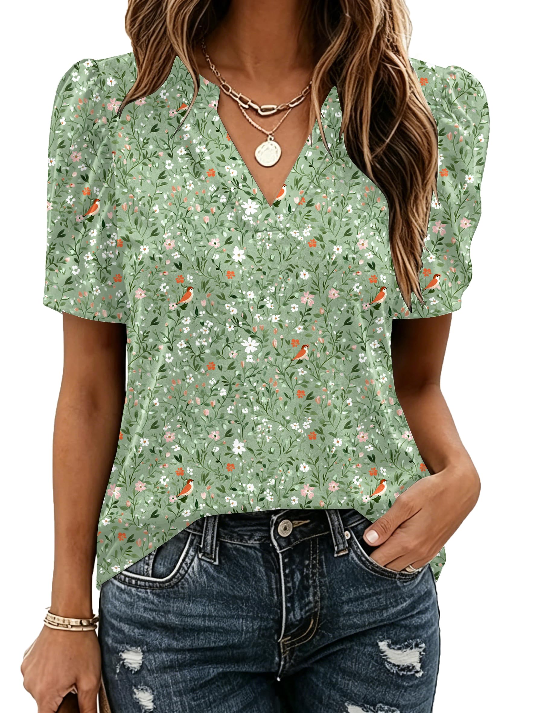 Zeagoo Women Blouses Puff Short Sleeve Tops V Neck Dressy Casual Spring Shirts Boho Floral Cute Clothes 2026