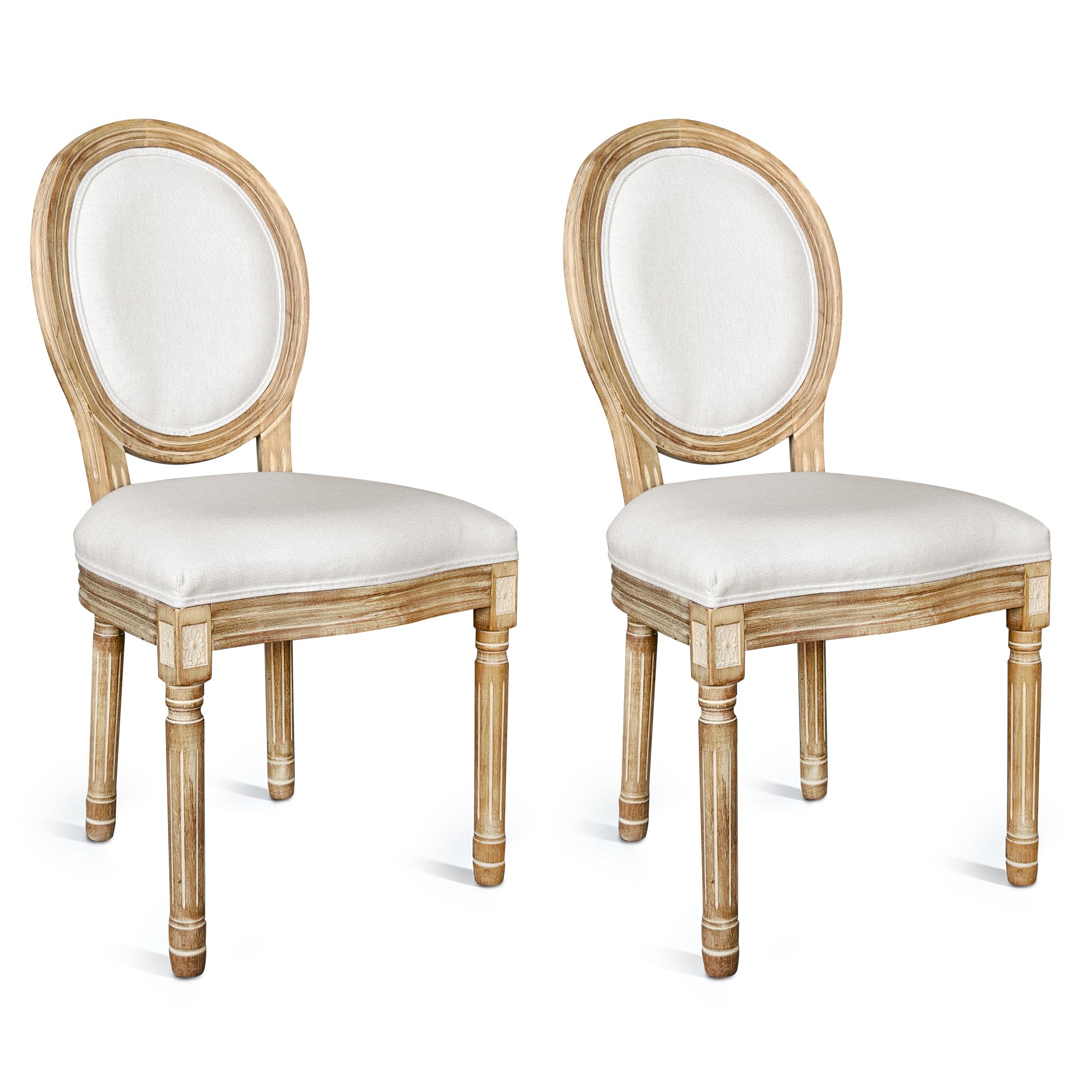 BonVache Set di 2 sedie da cucina in stile retrò, con schienale ovale classico, effetto lino e legno massiccio, spesse imbottite, per sala da pranzo, studio, soggiorno, bianco gesso
