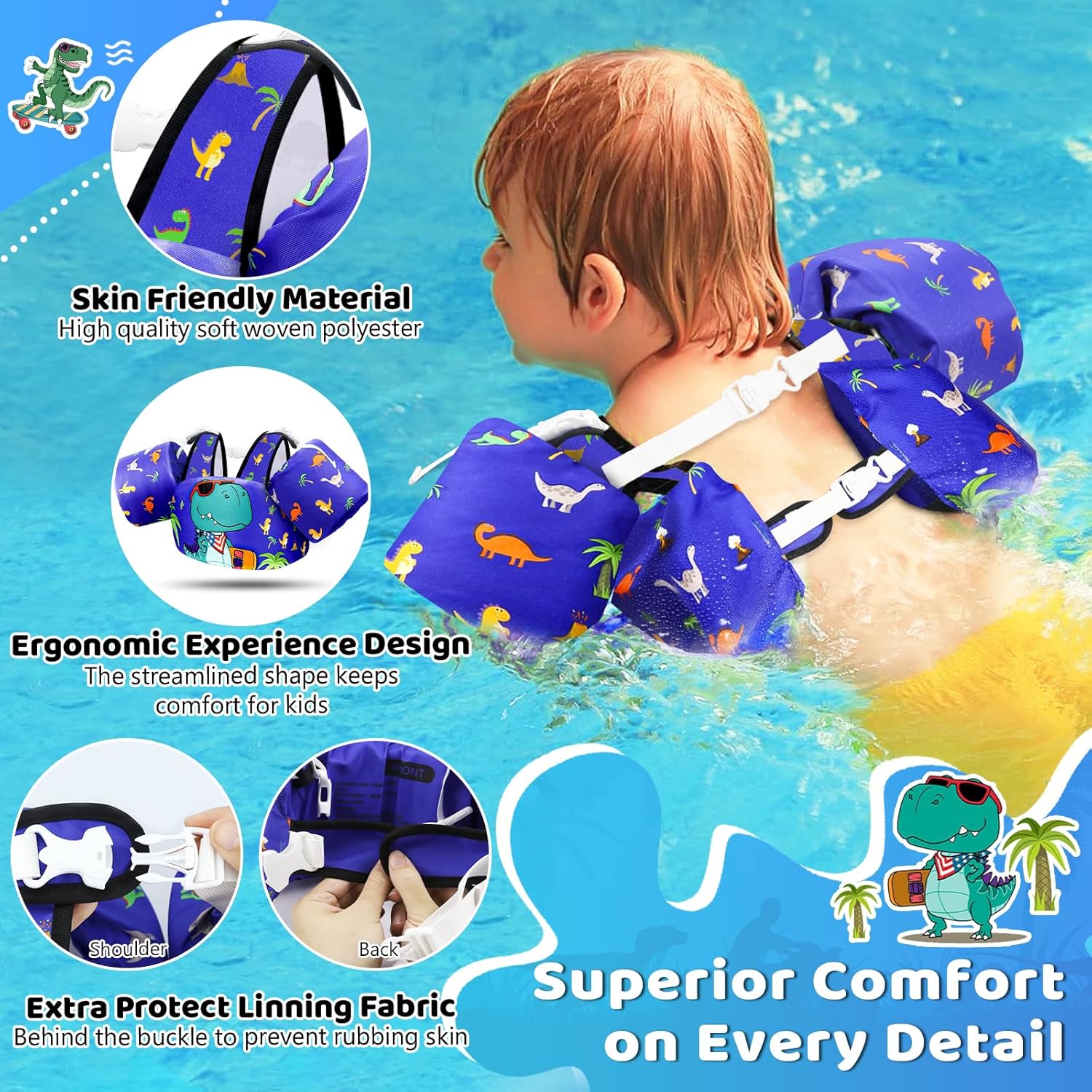 Vvinca Toddler Swim Vest for 22-66 Lbs (2-6 Years) - 3-in-1 Kids Pool Floaties with Removable Arm Bands and Back Float, Adjustable Safety Swim Jacket for Boys and Girls Learning to Swim