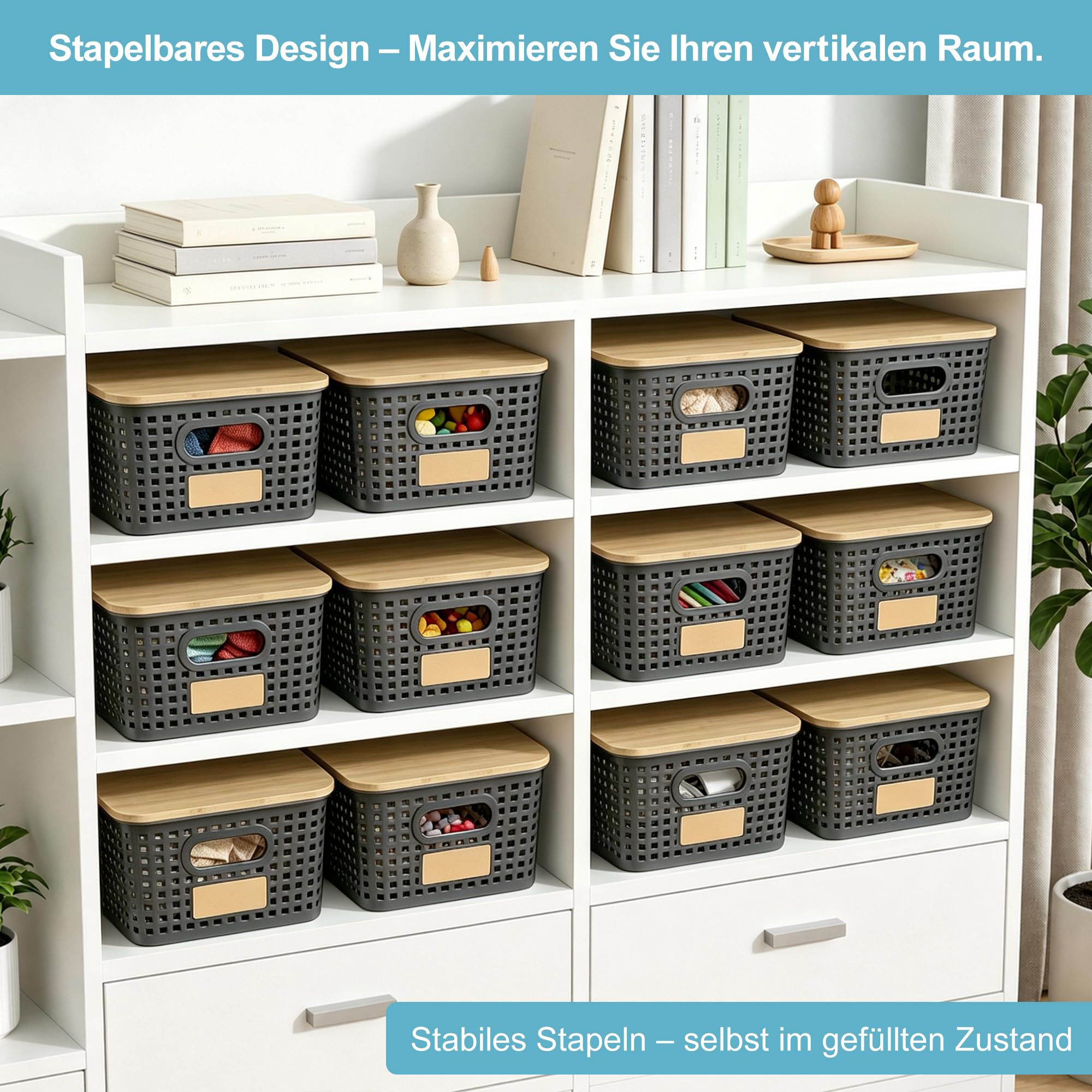 Bagnizer Contenitori portaoggetti in plastica con coperchi in bambù, impilabili, contenitori decorativi per dispensa, graziosi con etichetta per organizzare scrivania, armadio, ufficio, grigio, da 6