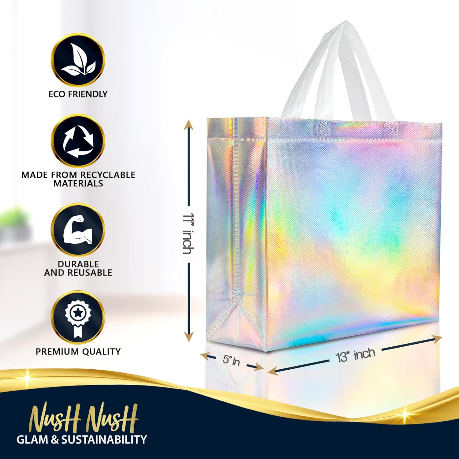 Nush Nush Iridescent Gift Bags Large - Set of 12 Reusable Holographic Large Gift Bags with Handles - Party Favor Bag for Birthdays, Bridesmaids, Weddings, Holidays, Valentines, Events - 13"Wx5"Dx11"H - Image 6