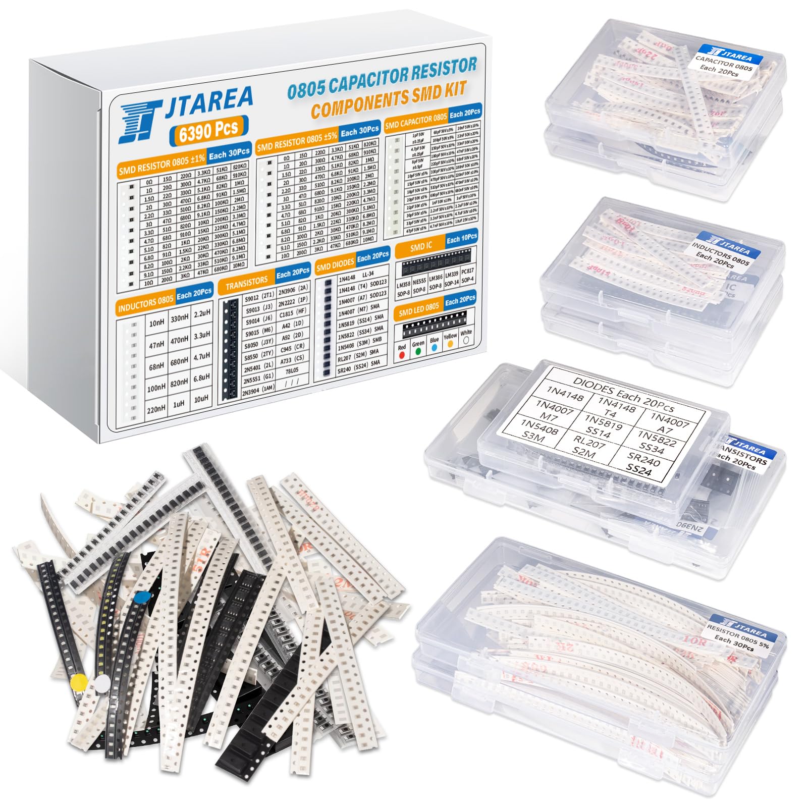 6390 Pezzi 0805 SMD Set di Assortimento di Componenti Elettronici con 1% Resistenze 5% Resistori Condensatori Transistor Diodi LED IC Induttore SMT Electronic Components Assortiti Kit