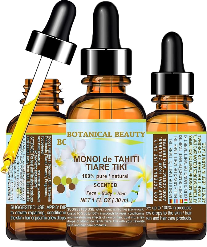 Óleo facial Botanical Beauty MONOI de TAHITI OIL TIARE TIKI com flores de Tiare e óleo de coco, 30 mL