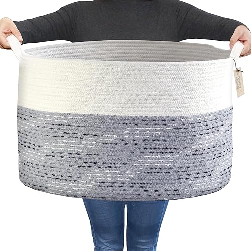 COMFY-HOMI 2 cestas grandes de cuerda de algodón canasta de manta cesta de almacenamiento cesta tejida cesta de lavandería con asa para