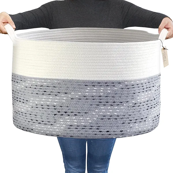 COMFY-HOMI XXXL Large Laundry Basket, Cotton Rope Nursery Woven Basket for Storage, Blanket Baskets Living Room Laundry Hamper, Dog Toy Storage Organizer, Home Decor-21''x21''x13.6''- Pompom