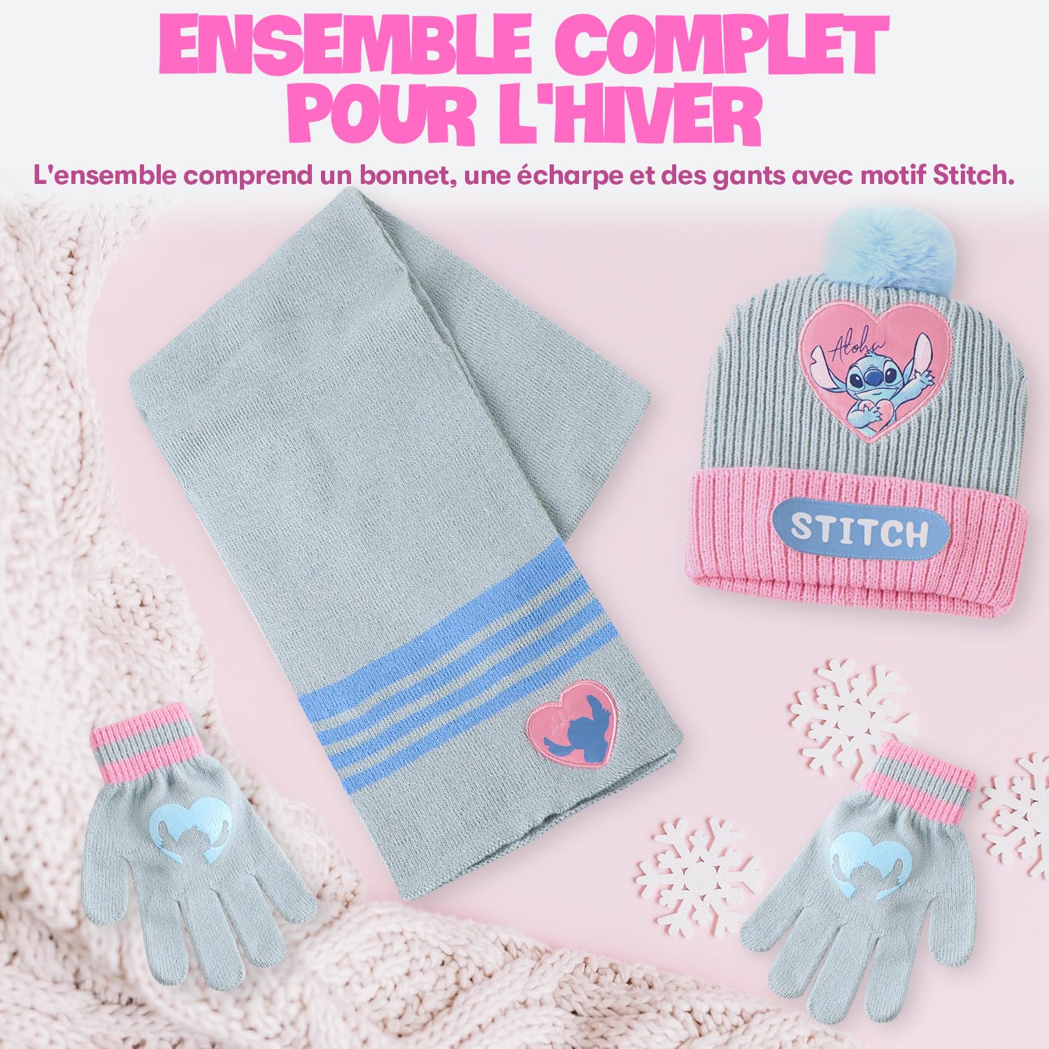 Disney Stitch Ensemble Hiver Enfant 3 Pièces – Bonnet avec Pompon, Écharpe et Gants en Maille Douce et Chaude – Accessoires d'Hiver Fille – Idéal École, Sorties et Cadeau