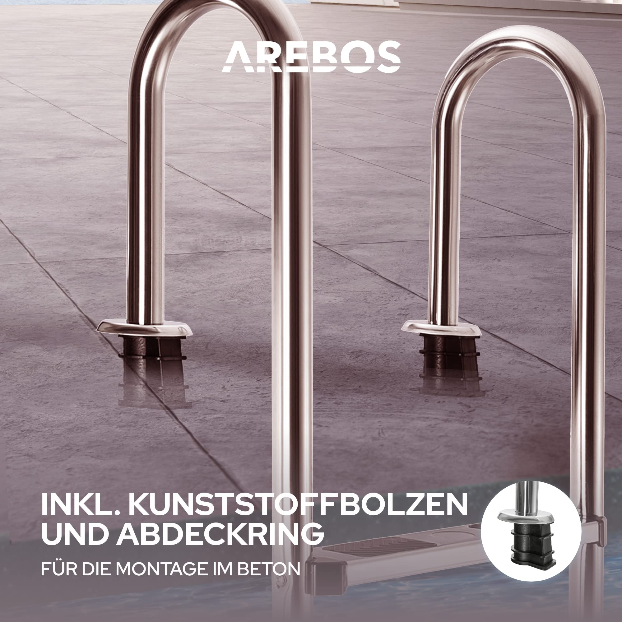 Arebos Edelstahl Poolleiter | inkl. Kunststoffbolzen, Flanschrohr und Montagematerial | 2 Montagemöglichkeiten | mit Antirutschpads auf den Sprossen | Einstiegsleiter Silber | Einbauleiter 3 Stufen