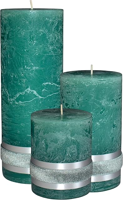 Badidi | Green Pillar Candles Large Set of 3 | Home Room Easter Decorations | Table Display | Gift Set | Unscented | Silver Band| Solid Colour | Different Sizes | Long Burn Time
