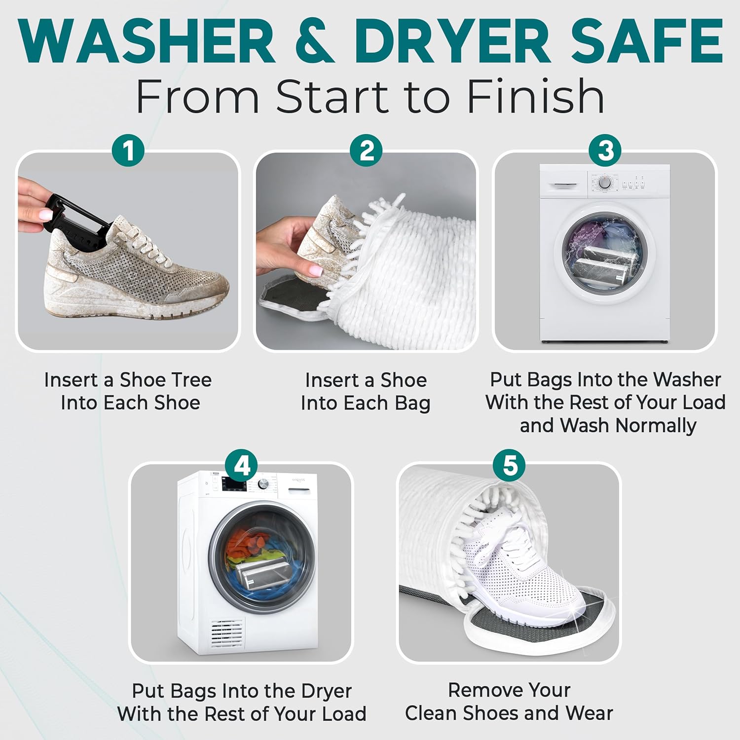 2 Pack Shoe Washing Machine Bag – Reusable Chenille Laundry Shoe Bag for Washing Machine/Dryer with Adjustable Shoe Trees, Deep Clean Protection for Sneakers, Tennis Shoes, Men & Women - Image 4