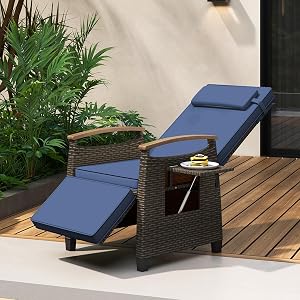 ORALNER Outdoor Wicker Recliner Chair, Patio Rattan Chaise Lounge Chair with Adjustable Backrest & Footrest, Flip Side Table and Soft Cushions for Backyard, Porch, Lawn, Poolside (1, Navy)