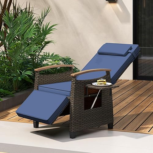Miniatura 2 de RELAX4LIFE Silla reclinable de ratán para exteriores, tumbona de mimbre con respaldo ajustable y reposapiés, reposabrazos de madera de acacia, mesa