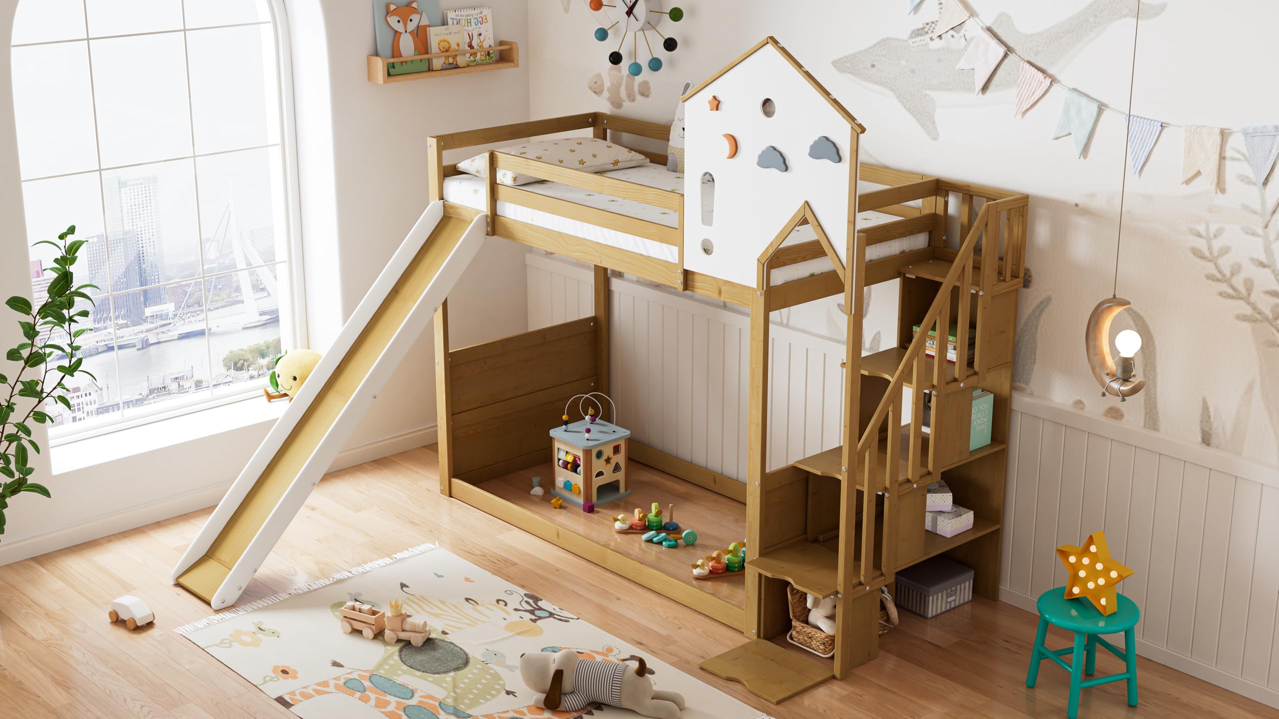 Letto a castello, letto per bambini, letto con scala angolare, culla con tetto e finestra, culla con 3 armadietti nelle scale, letto a castello con scivolo, pino MDF, bianco naturale, 90 x 200 cm