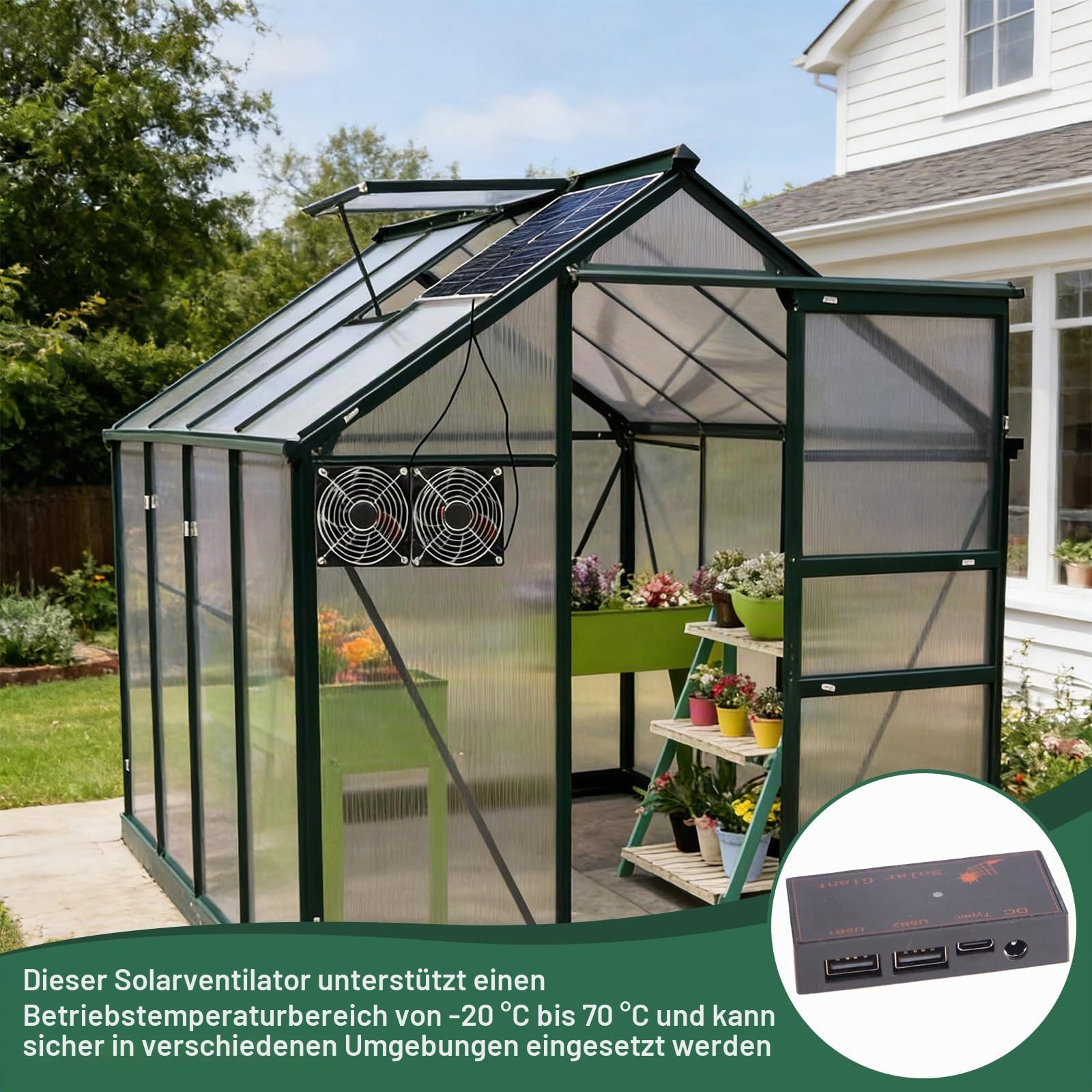 Solar Lüfter 12W, Solarpanel Fan Kit mit Doppelventilator, Wetterfest Solar Ventilator für Hühnerställe, Gewächshäuser, Schuppen & Haustierhäuser