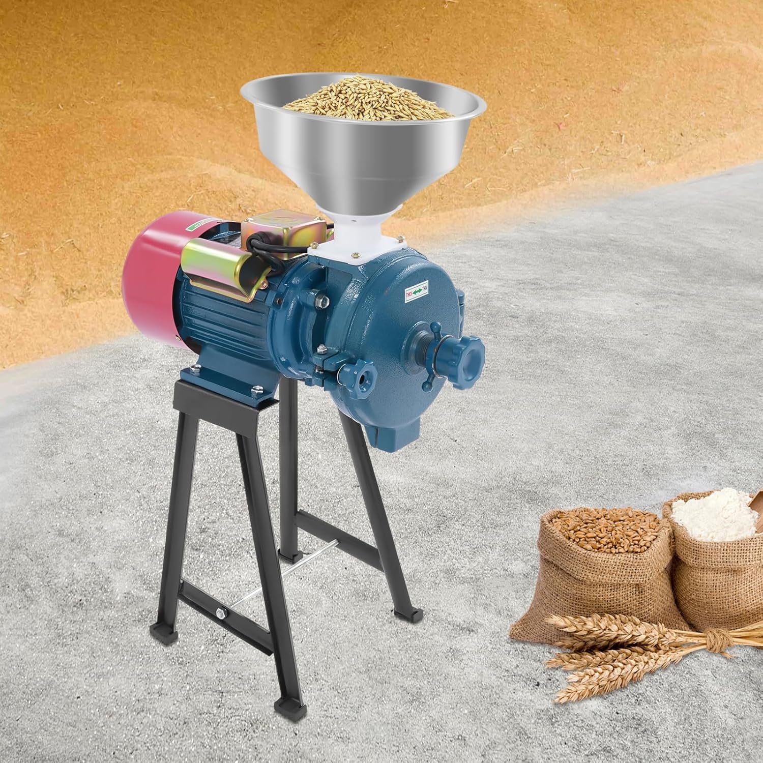 Electric Grain Mill Grinder 2200W, 110V Commercial Corn Grinder with Funnel, Dry Feed Grain Mill Machine, Thickness Adjustable Powder Machine for Grain Corn Rice Wheat Coffee