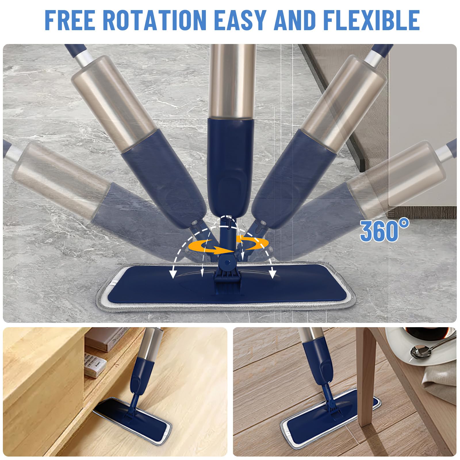 Mop z rozpylaczem, Mikrofibrowy mop z rozpylaczem z pojemnikiem do domu, kuchni, podłóg drewnianych, laminowanych, ceramicznych (Niebieski - 500 ML - 3 Podkładki)