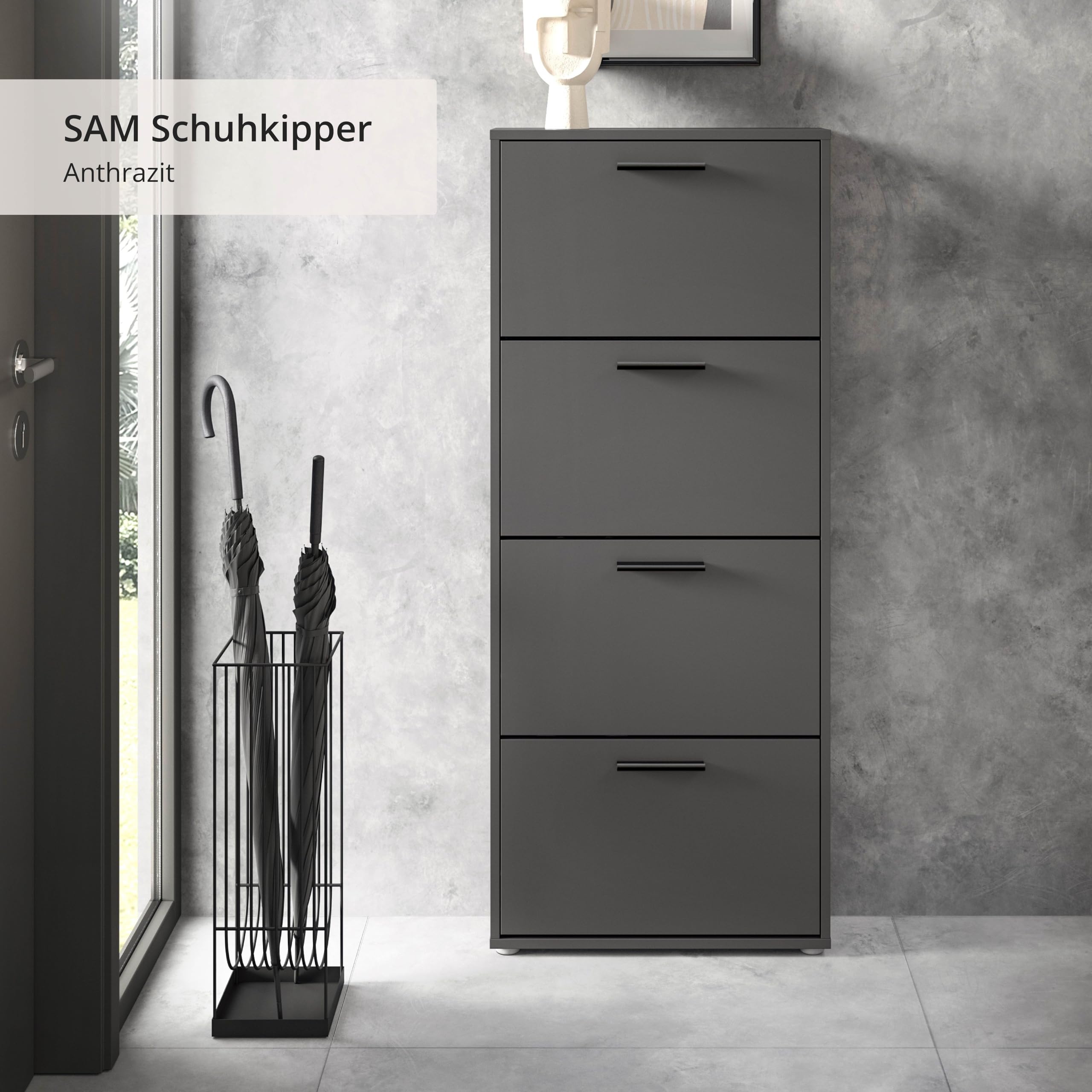 SAM Schuhkipper in Anthrazit - Praktisches Schuhregal Schuhschrank zur platzsparenden Aufbewahrung von Schuhen - 59 x 136 x 17 cm (B/H/T) | 59 x 136 x 17 cm (B/H/T), modernes Design mit schwarzen Stangengriffen, Oberboden für Dekoration, viel Stauraum