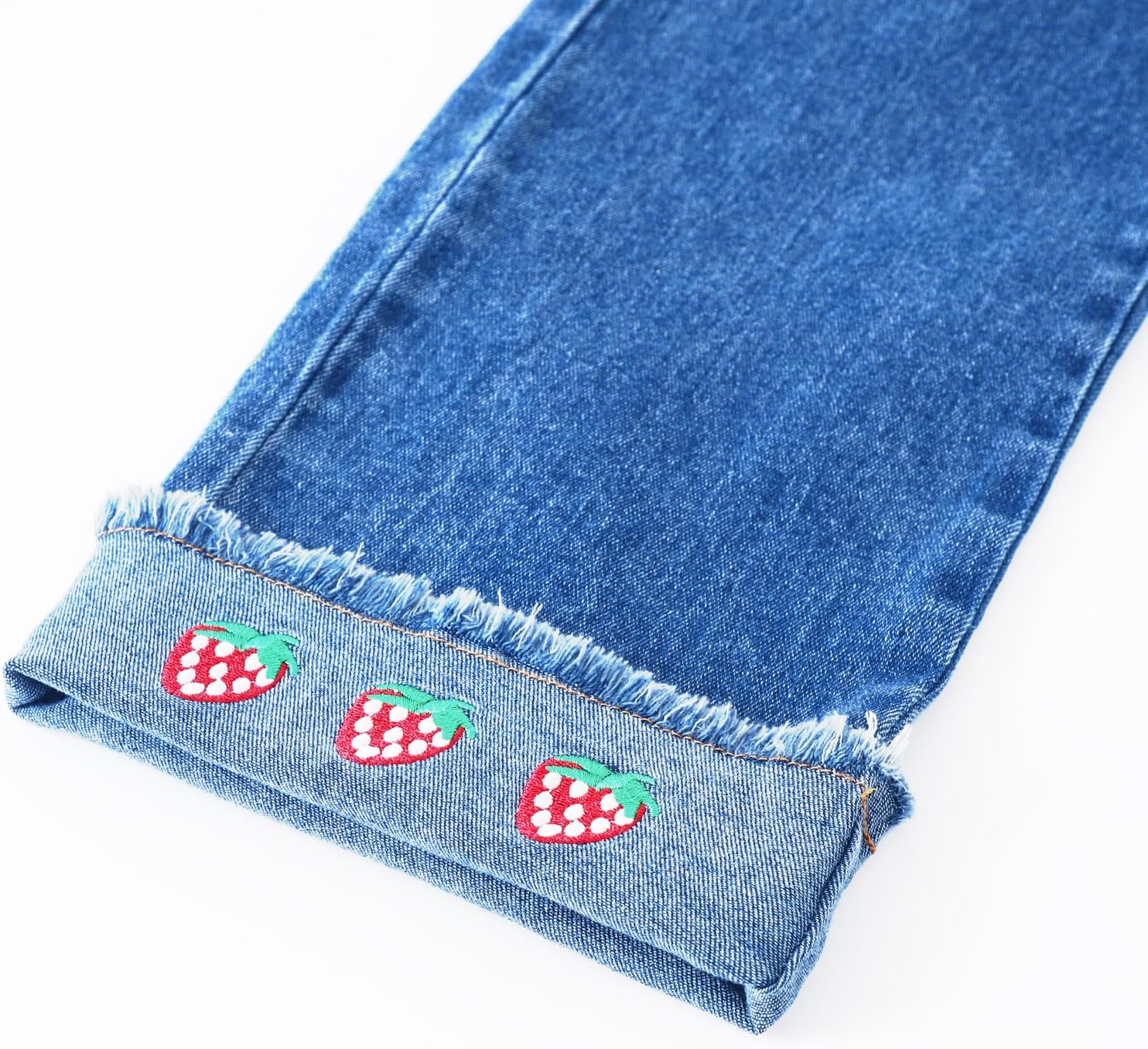 Little Girls Stretch Waist Jeans | Toddler Straight Leg Denim Pants with Strawberry Embroidery Comfortable Playwear - Image 5