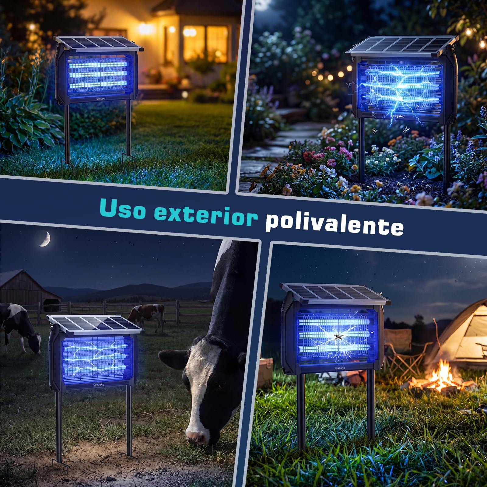 Insecticida Eléctrico Solar 10W Exterior - Lámpara Antimosquitos, Trampa para Moscas 4000V con Luz UV, Impermeable IPX5, Mata Mosquitos para Cocina, Casa, Patio, Jardín, Camping