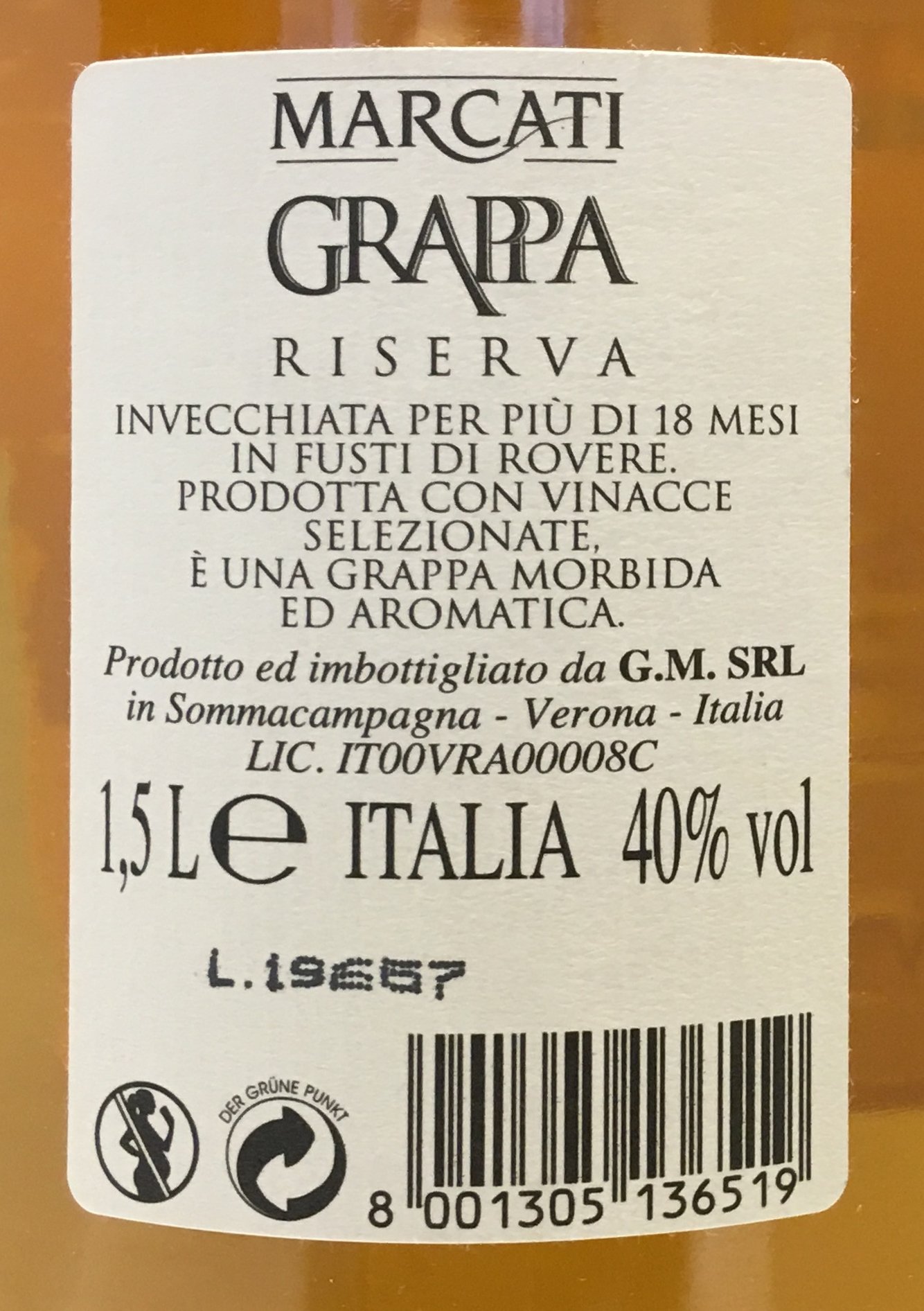 Grappa Marcati (3 X 1,5 L) Riserva Il Bacio delle Muse - 40% Vol.