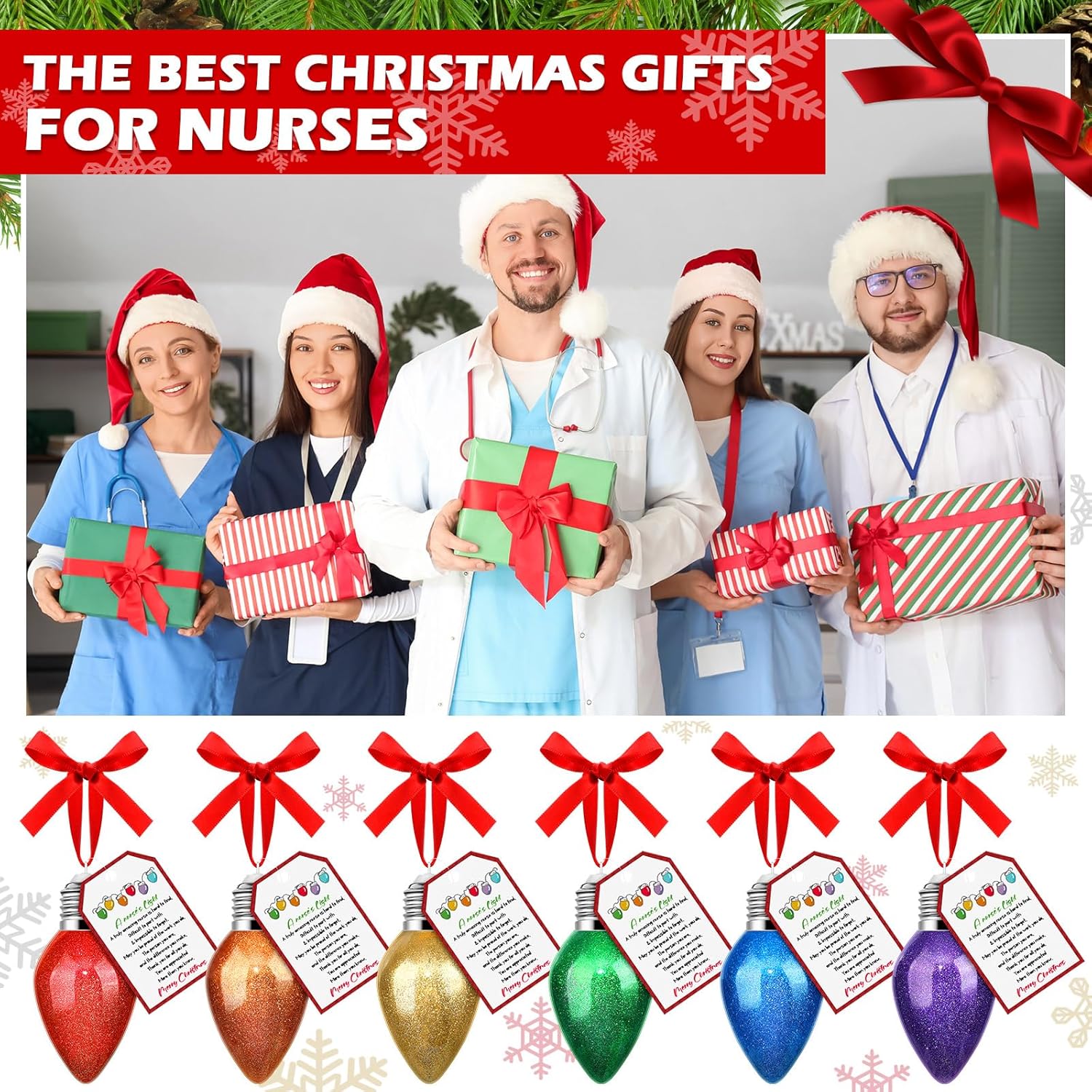 6 Set Nurse Christmas Ornament Christmas Nurse Gifts Appreciation Bulb Ornament Glitter Thank You Decoration with Red Poem Card Bow for Xmas Tree - Image 3