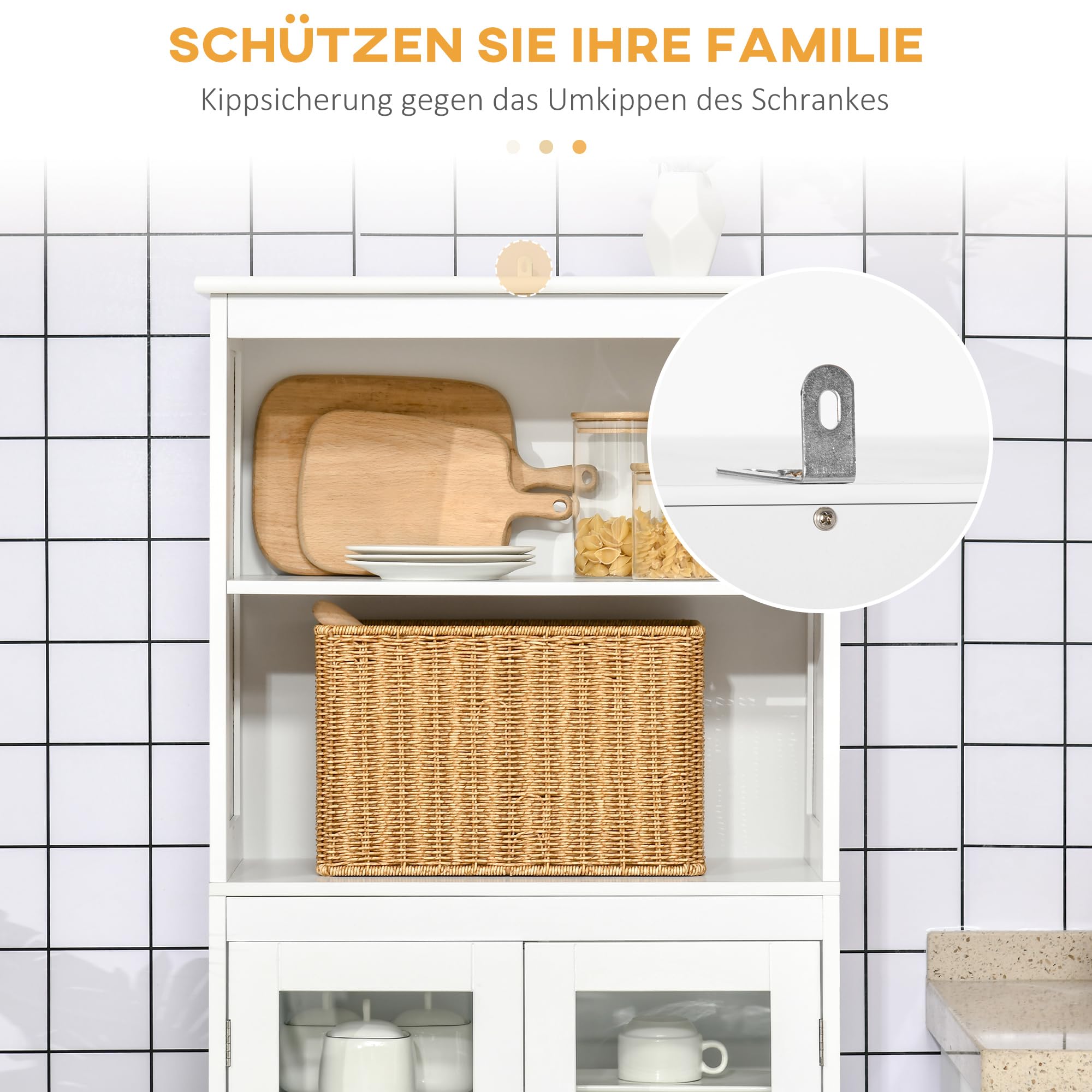 HOMCOM Küchenschrank, Küchenbuffet, Vitrinenschrank mit 2 Schränken, 2 Offenen Ebenen, Mehrzweckschrank mit Anti-Kipp-Schutz, für Esszimmer, Wohnzimmer, 60 x 30 x 162 cm, Weiß