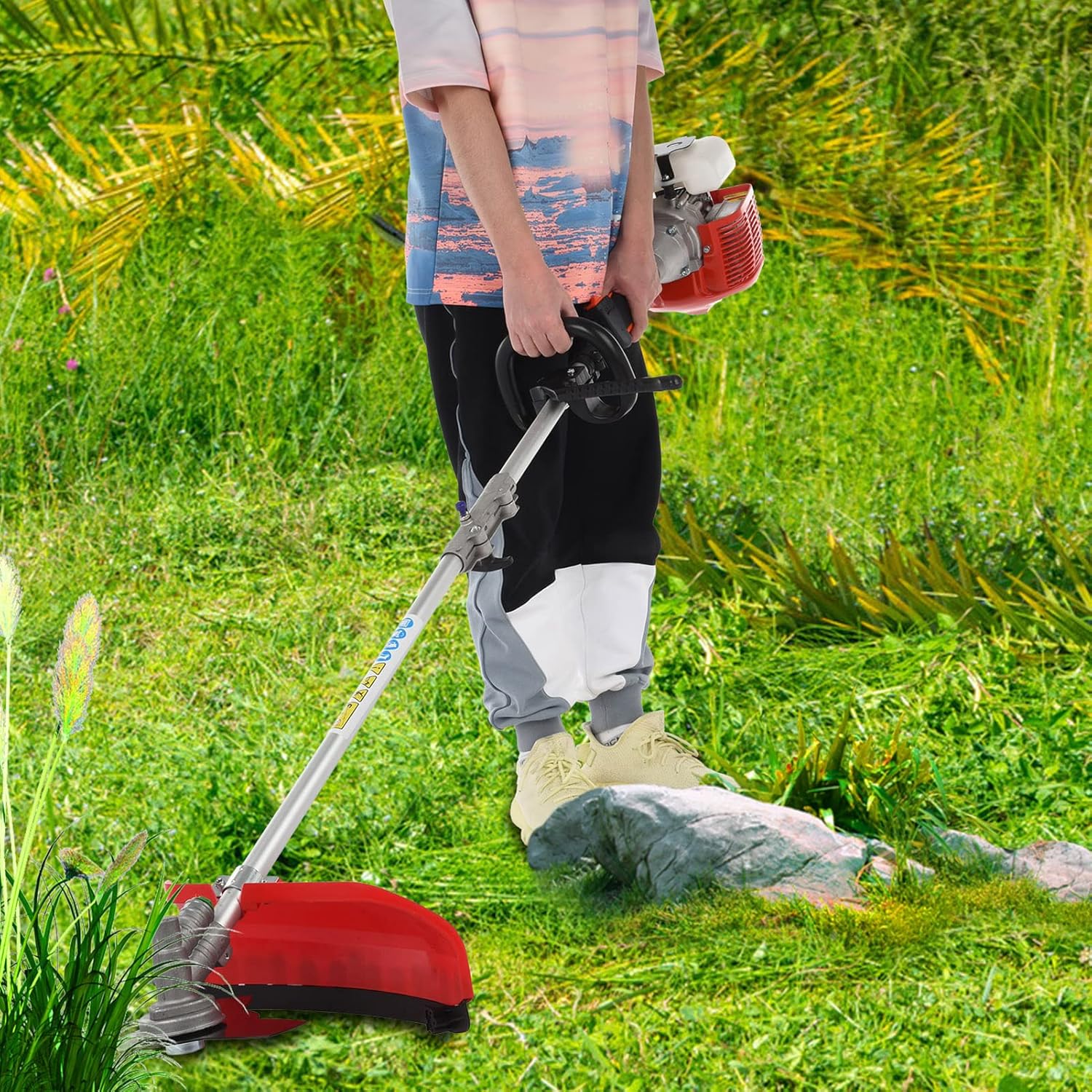 52cc Weed Wacker Gas Powered, String Trimmer/Edger, Pole Saw, Hedge Trimmer and Brush Cutter Blade, Extension Pole, 5-in-1 Multi Yard Care Tools, Rubber Handle & Shoulder Strap Included ﻿ (Red)