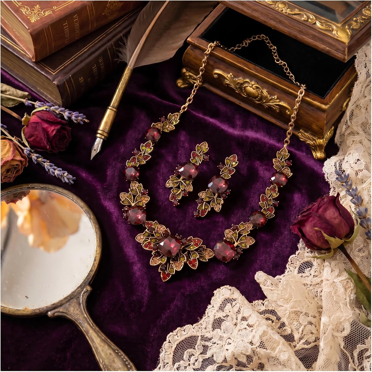Vintage Jewelry Set Faux Gemstone Necklace Earrings Women Retro image 5