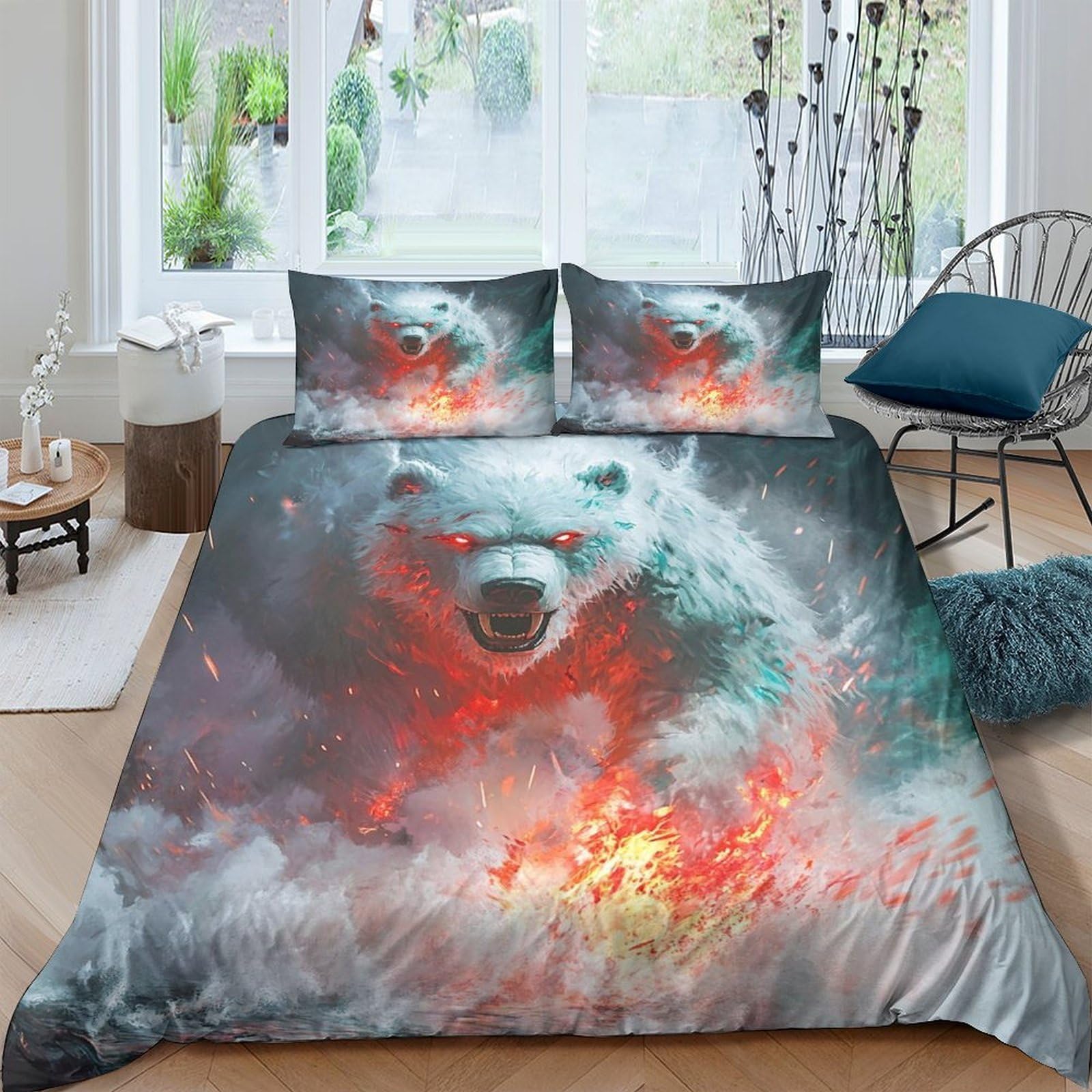 Ctjqhvkz Style-7 3D Printed Fiery Polar Bear Fitted Sheet Microfiber Soft Breathable Frost Smoke Bed Cover For Bedroom Dorm Decor Single（135X200cm）