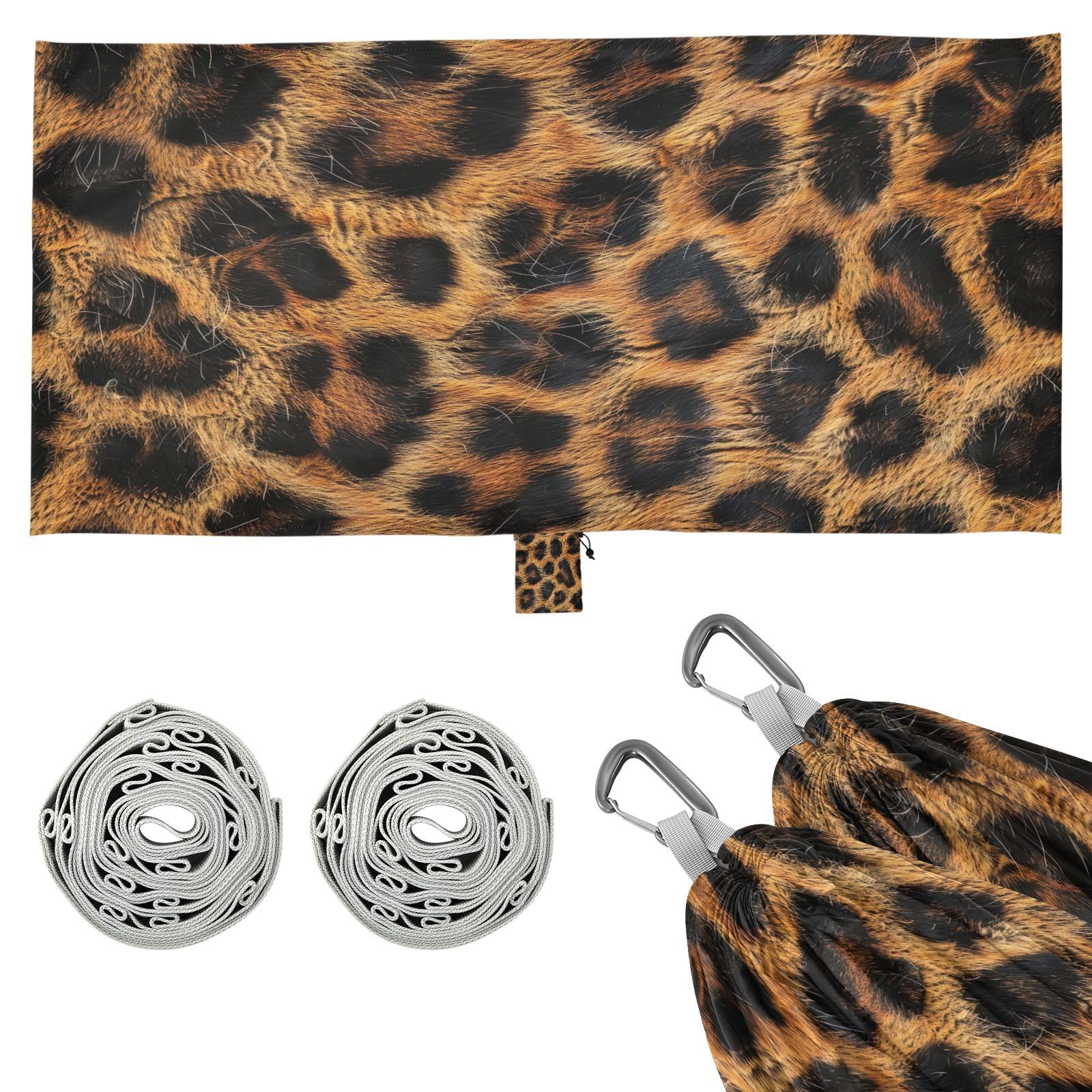 Haskirky Brown Leopard Print Texture Camping Hammock, Single Portable Hammocks with Tree Straps & Attached Carry Bag, 330Lbs Capacity Perfect for Outside Indoor Hiking Beach Backpack Travel