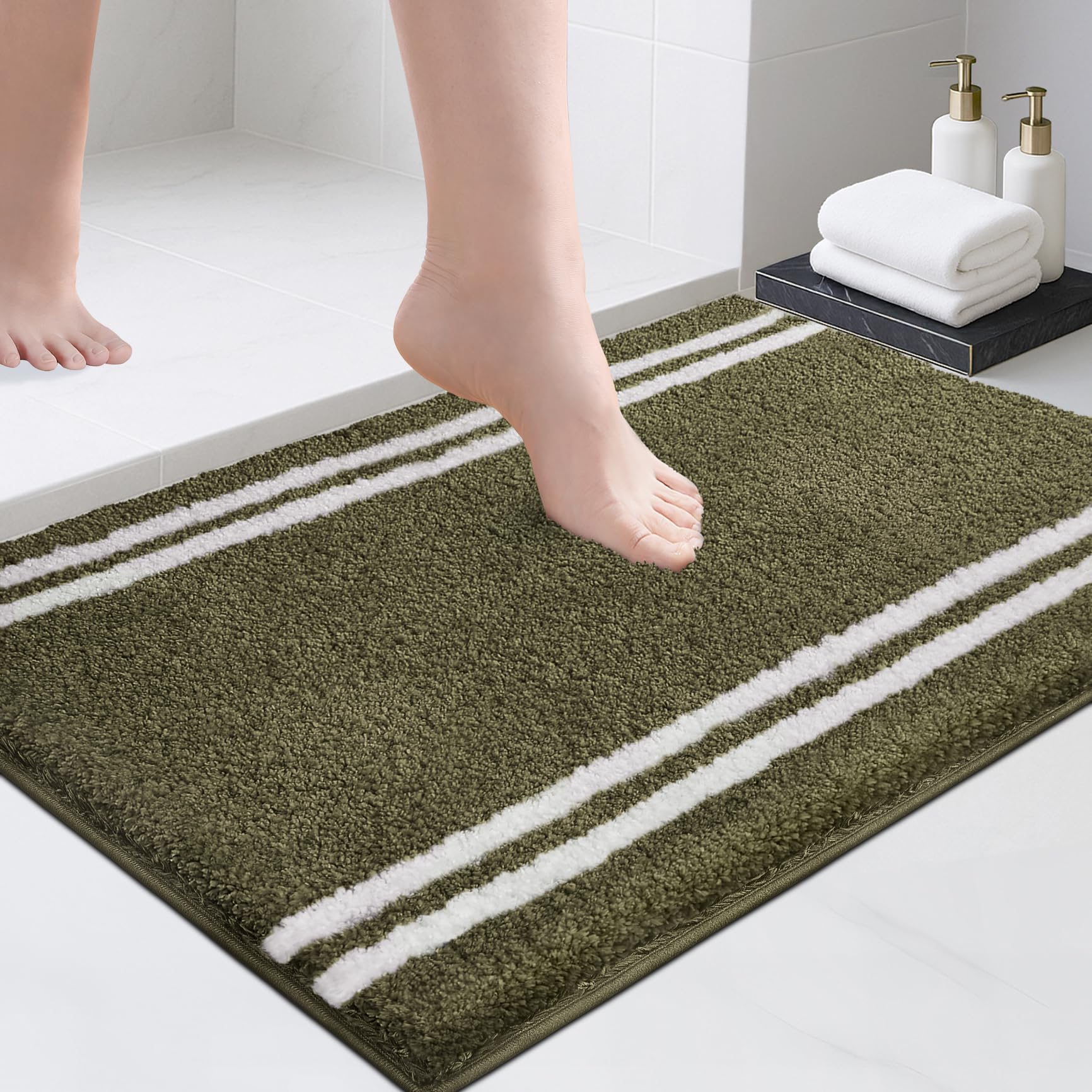 Tapis de salle de bain à poils longs vert absorbant lavable en machine