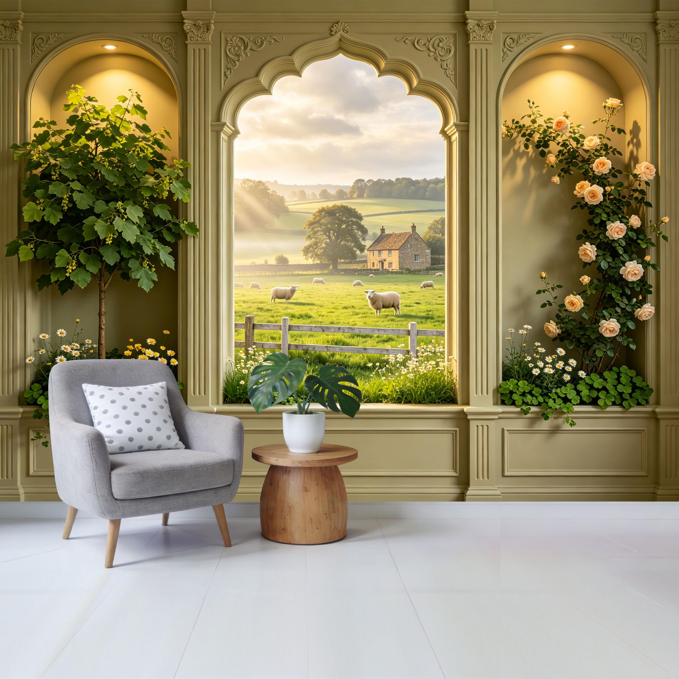 Custom Size Wall Mural Countryside Landscape Farmhouse Window View with Sheep Meadow and Flower Arch Removable Self Adhesive Fabric Home Wall Decor for Living Room Bedroom Bathroom