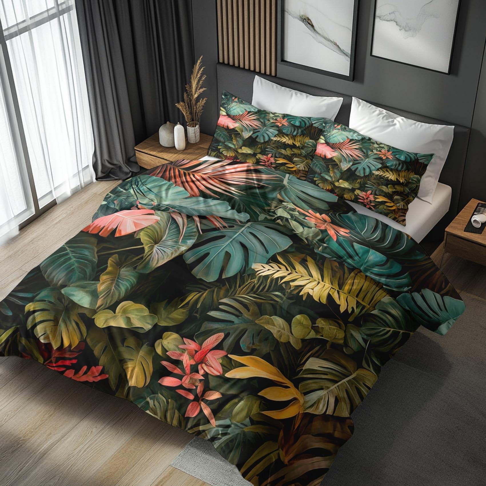 Housse de couette 200x200 cm avec 2 taies d'oreiller motif tropical exotique pour lit double