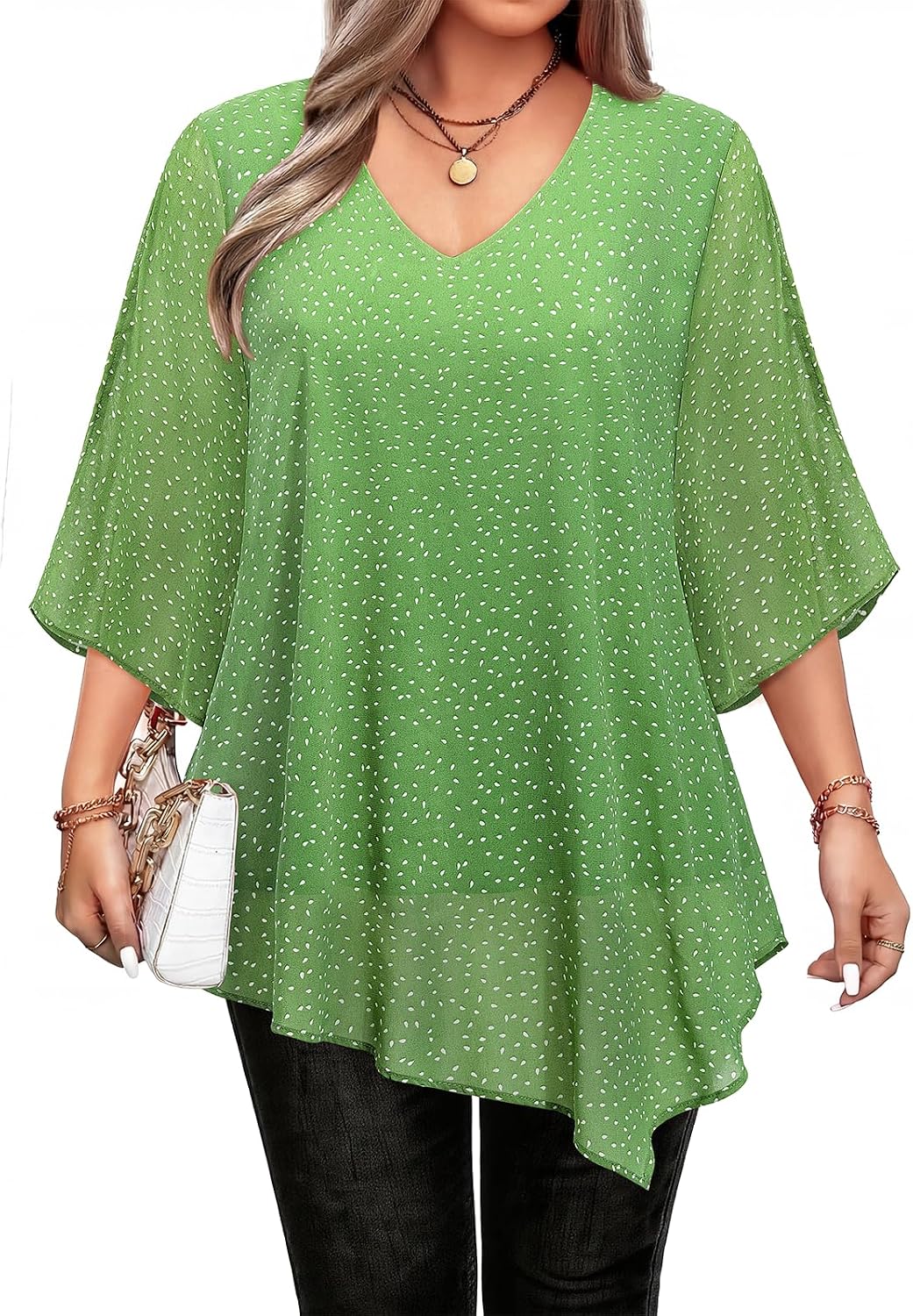 Siddhe Womens Plus Size Tops 3/4 Sleeve Chiffon Blouses V Neck Tie Shirts Dressy Casual Tunic Dress Clothes(1X-5X)