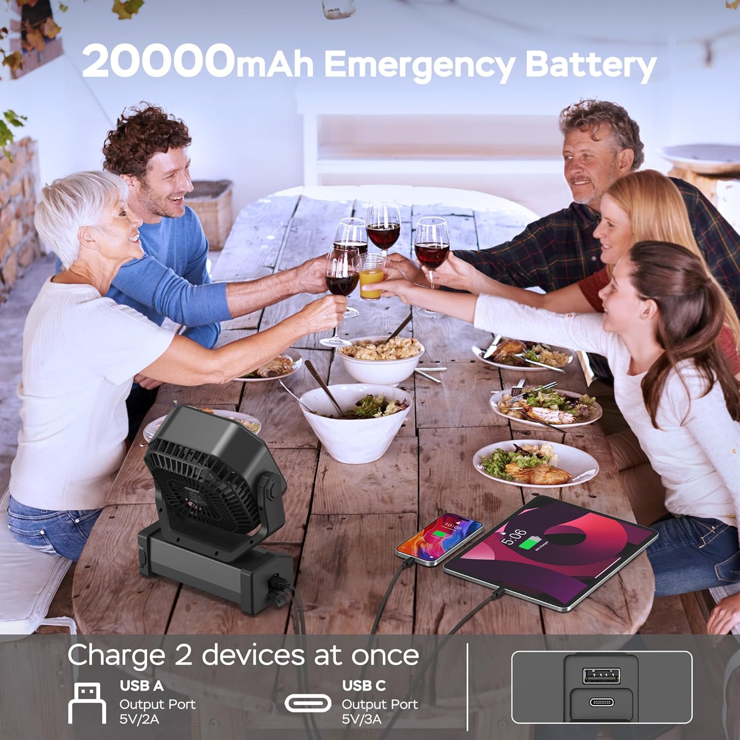 Image showing the KITWLEMEN Camping Fan charging two devices simultaneously via its USB-A and USB-C output ports.