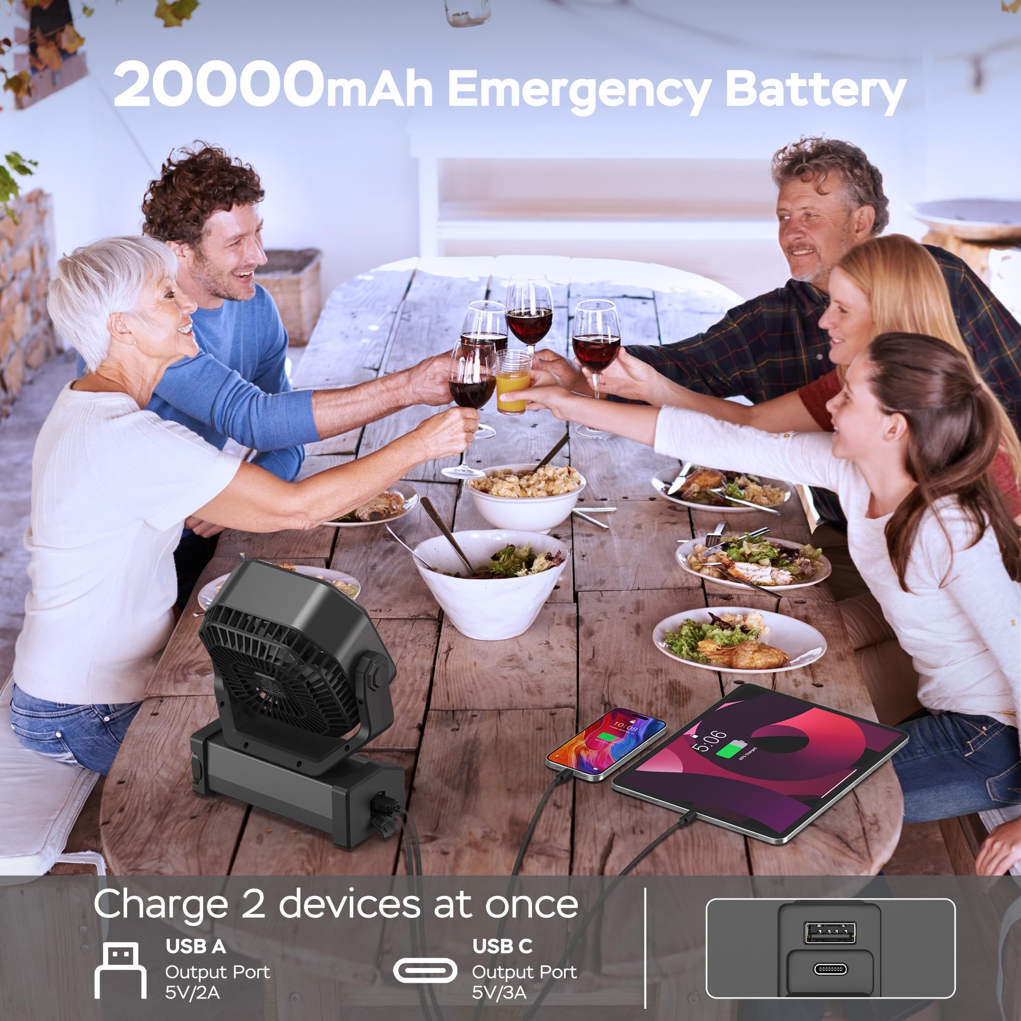 Ventilatore da campeggio 20000mAh con luce LED, ventilatore da tavolo auto-oscillante con telecomando e gancio, ventilatore da tenda con batteria ricaricabile, ventilatore da campeggio USB - Nero