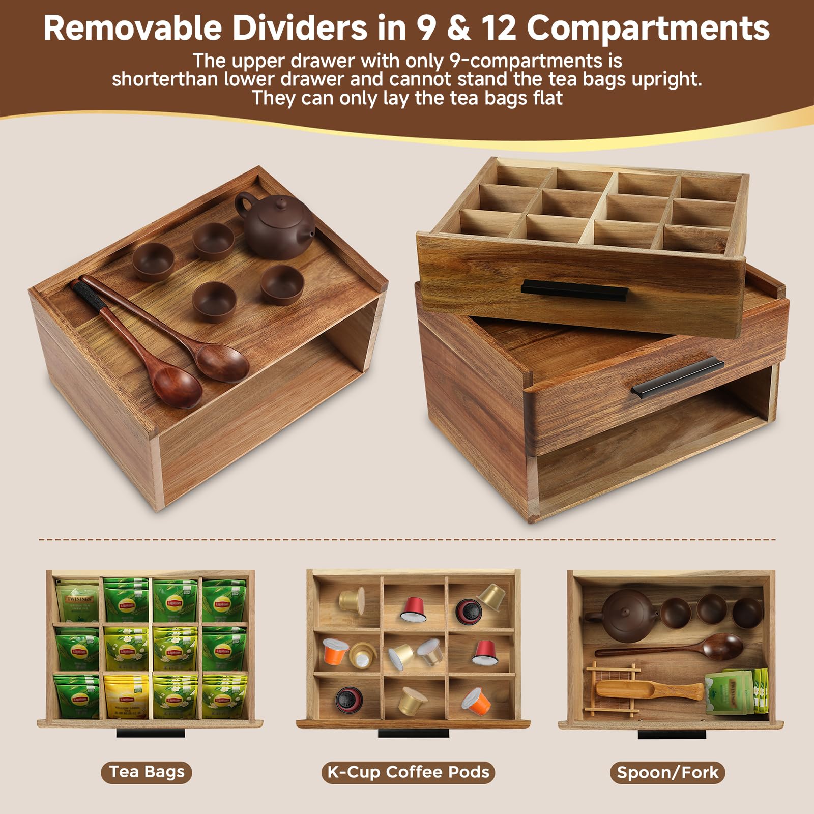 Teebeutel-Organizer aus Akazienholz mit Geschenkbox, Teebox mit doppelter Schublade, Teezubehör für Tee-Organizer und Aufbewahrungsbox, Teestation Truhe Caddy für Arbeitsplatte, Schrank, Büro (16