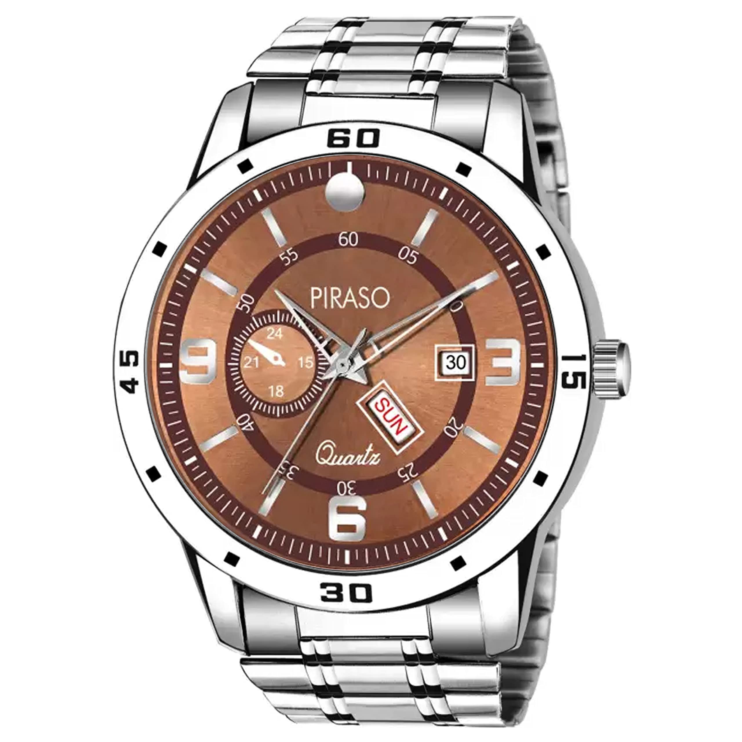 PIRASO Analog Day and Date Working Display Brown DIAL & Silver Chain Watch for Men & Boys (B0BRD17R1D) Amazon Price History, Amazon Price Tracker