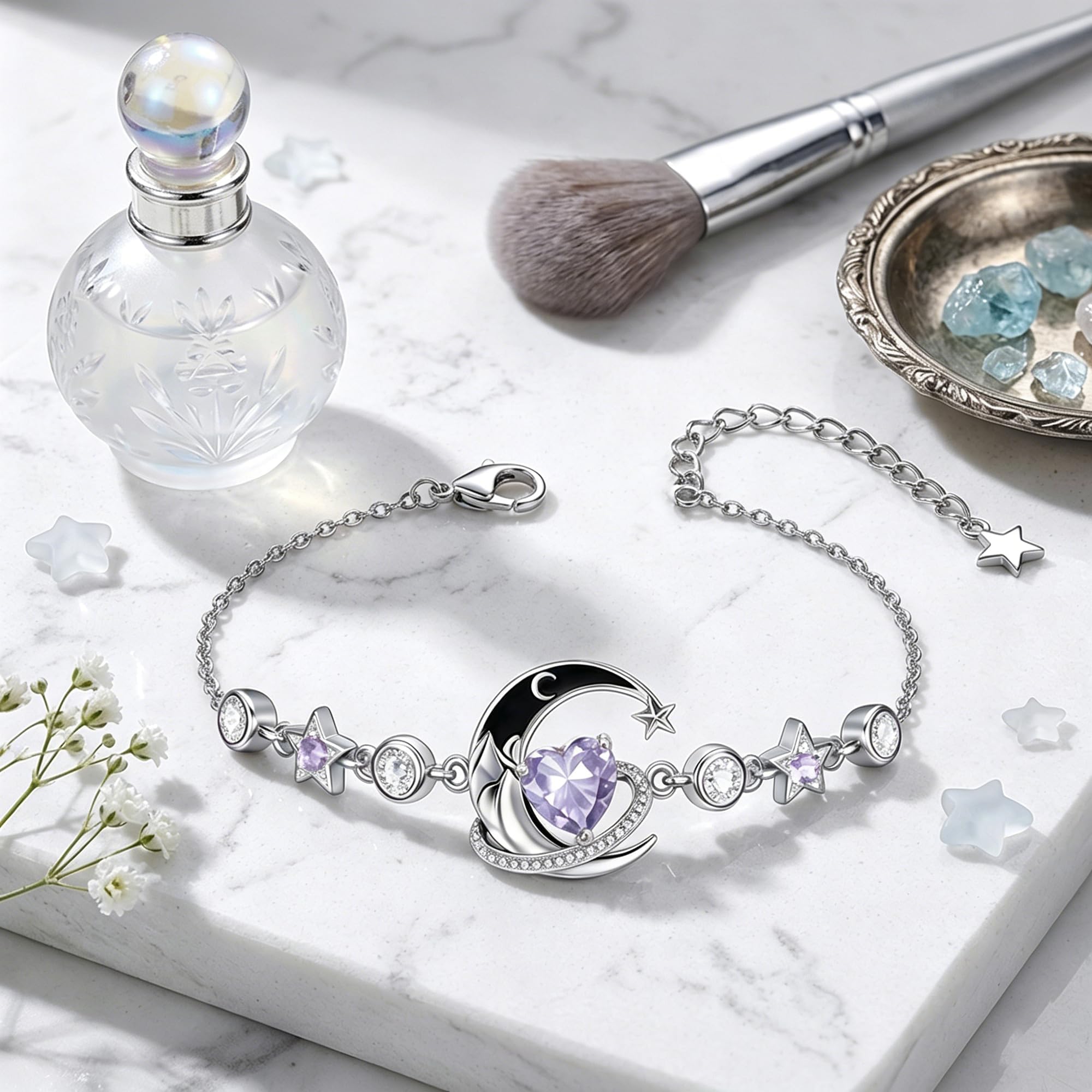Pulsera de luna y estrella de plata de ley 925 con piedra natal con 12 polillas, regalo de cumpleaños para mujer