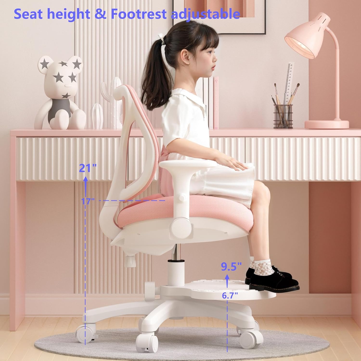 Desk Chair, Ergonomic Study Chair for Kids with Lumbar Support and Footrest, Adjustable Height, Flip-Up Armrests, Mesh Student Chair with Adjustable backrest, Model Deer (Pink)