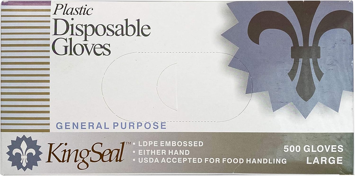 KingSeal 2000 Count Light Duty Poly Disposable Gloves, Powder-Free, Latex-Free, Food Safe, Size Large - 4 Boxes x 500 Gloves