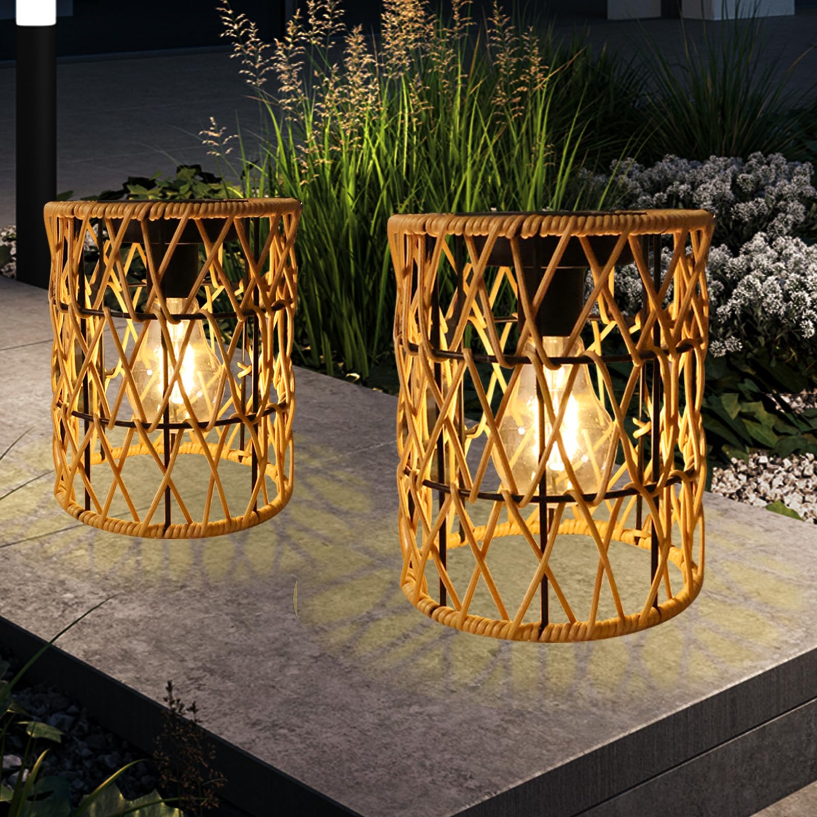 Lanterne solari da appendere per esterni, impermeabili, confezione da 2 luci solari in rattan, decorazione per cortile, giardino, sentiero, sentiero, tavolo