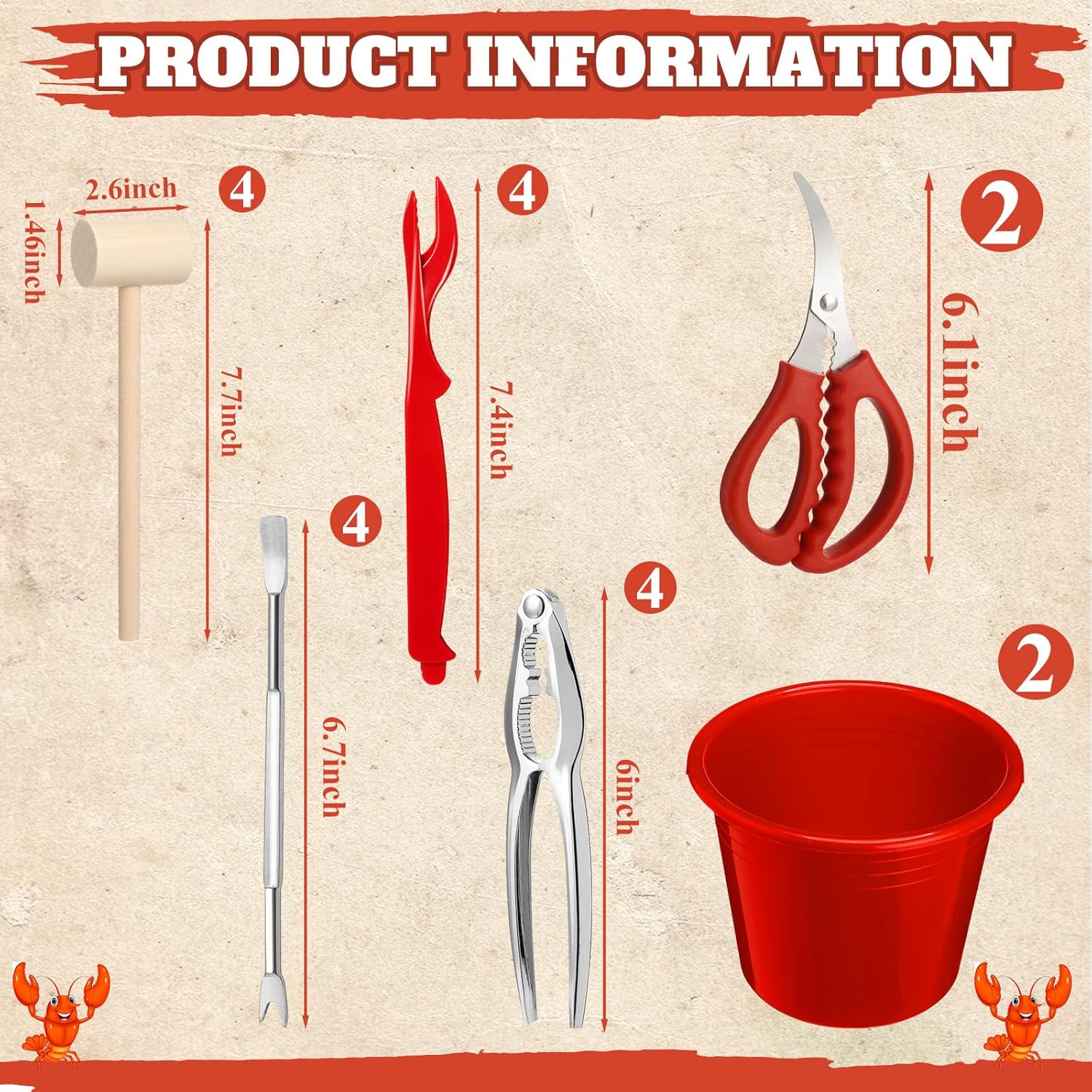 40 Pcs Seafood Tools Set Seafood Boil Party Supplies Crab Crackers Scissors Lobster Sheller Hammer Shellfish Forks Cracker Red Plastic Bucket for Lobster Crab Food New Year Party