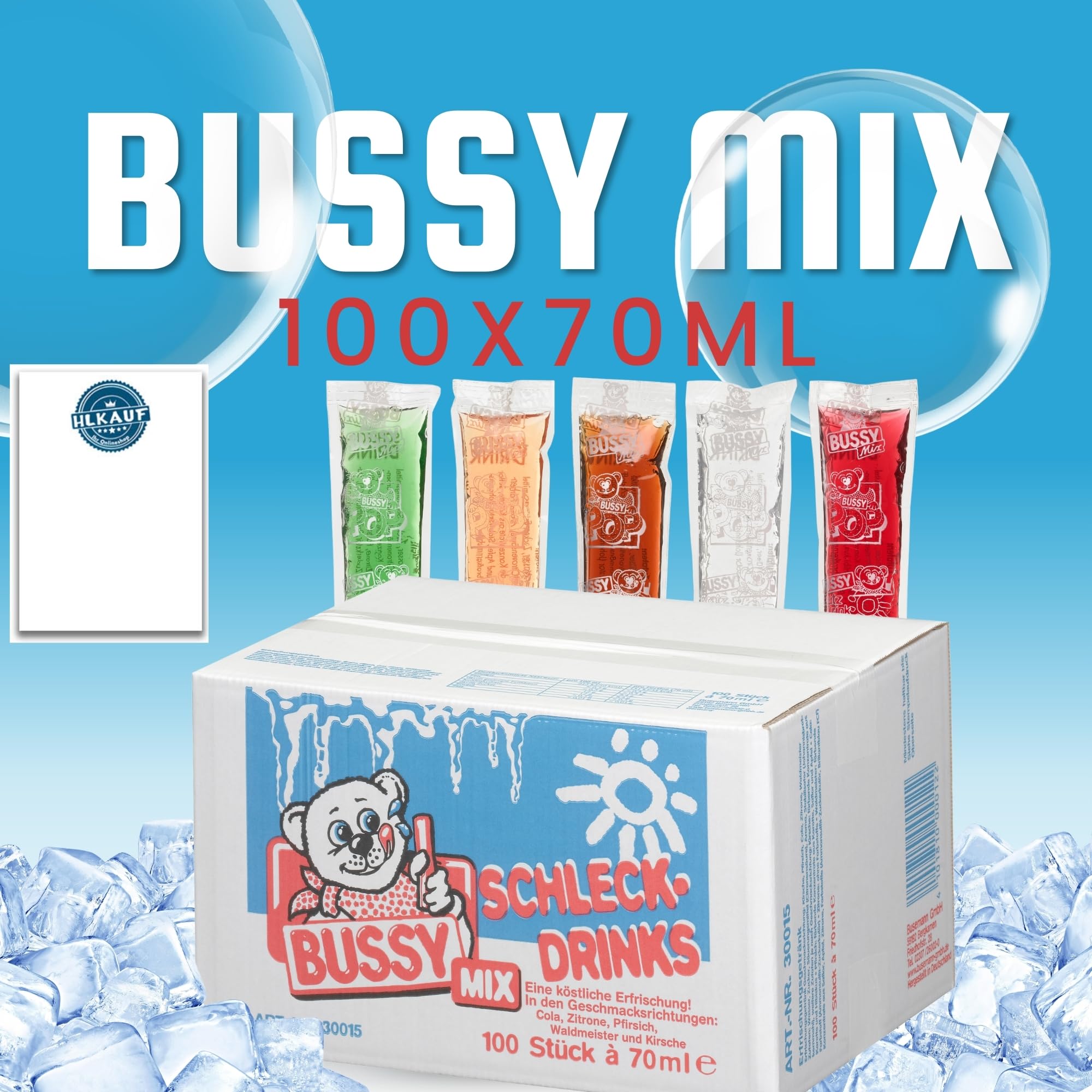 Bussy Mix 100x 70ml Schleck-Drinks Wassereis zum Einfrieren verschiedene Sorten Party Eis für Kinder Sommer