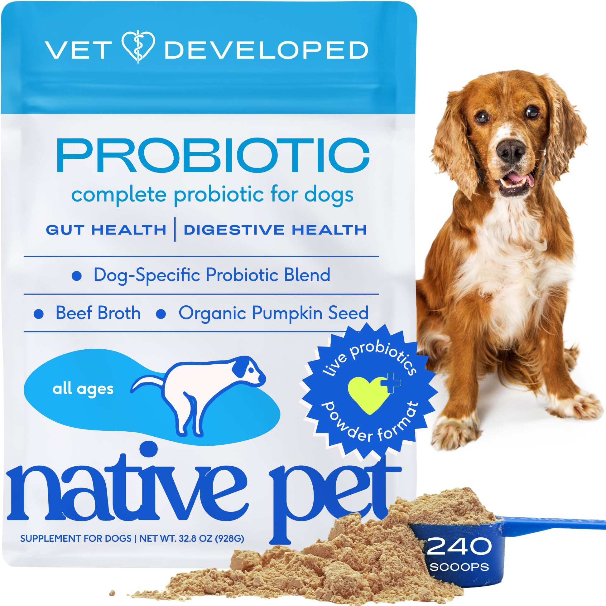Native Pet Probiotics for Dogs โ Dog Probiotic Powder for Gut & Digestive Health, Vet-Formulated 6B CFUs Dog-Specific Probiotic Strains, Supports Stool Quality & Diet Transitions โ 240 Scoops