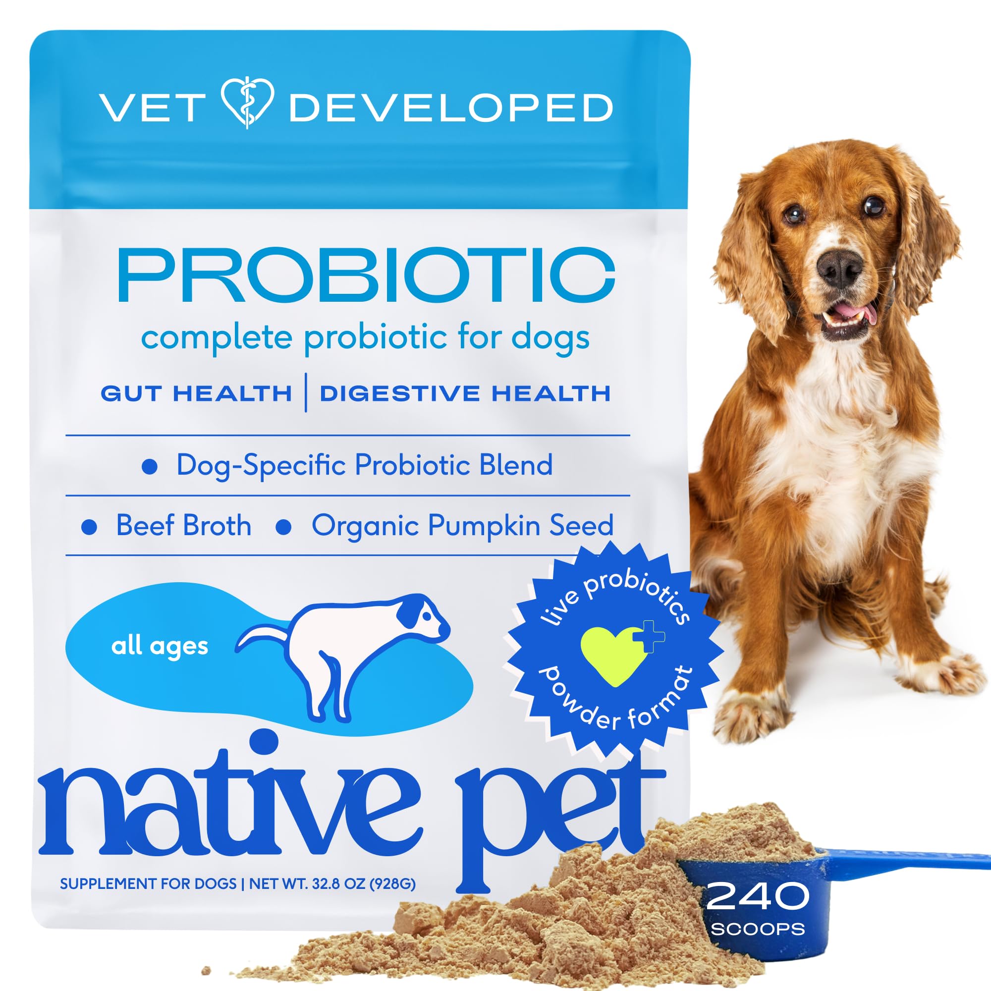 Native PetProbiotics for Dogs - Dog Probiotics Powder for Digestive Health, Gut Support, & Immune Boost – Vet-Formulated Powder for Maximum Potency with Digestive Enzymes & Prebiotics - 240 Scoops