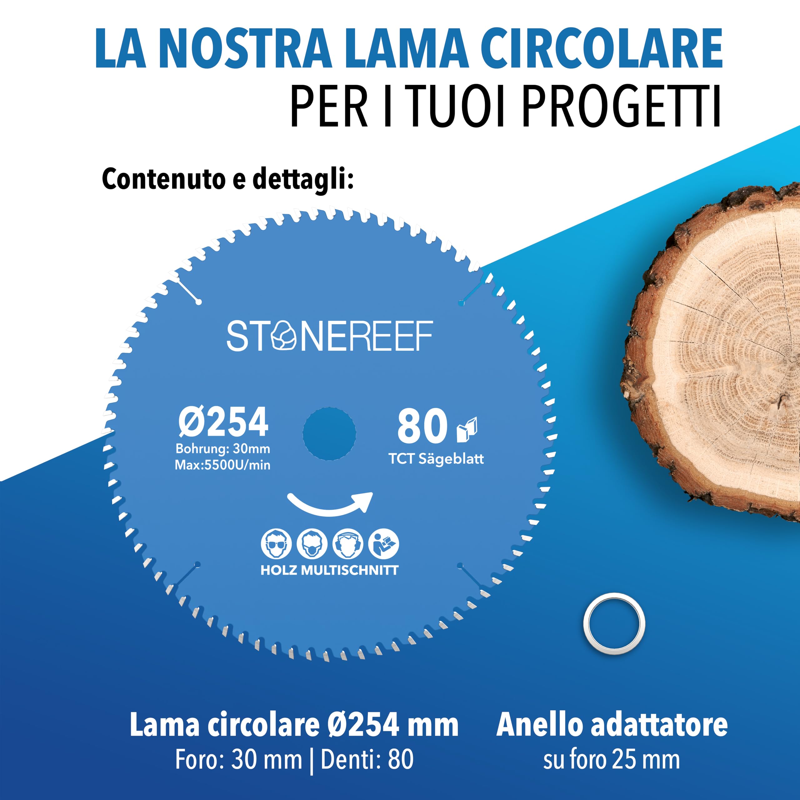 STONE REEF Lama per sega circolare 254x30 cm, con adattatore su foro da 20 mm, compatibile con sega a immersione e sega circolare di Bosch, ideale per legno, metallo e alluminio